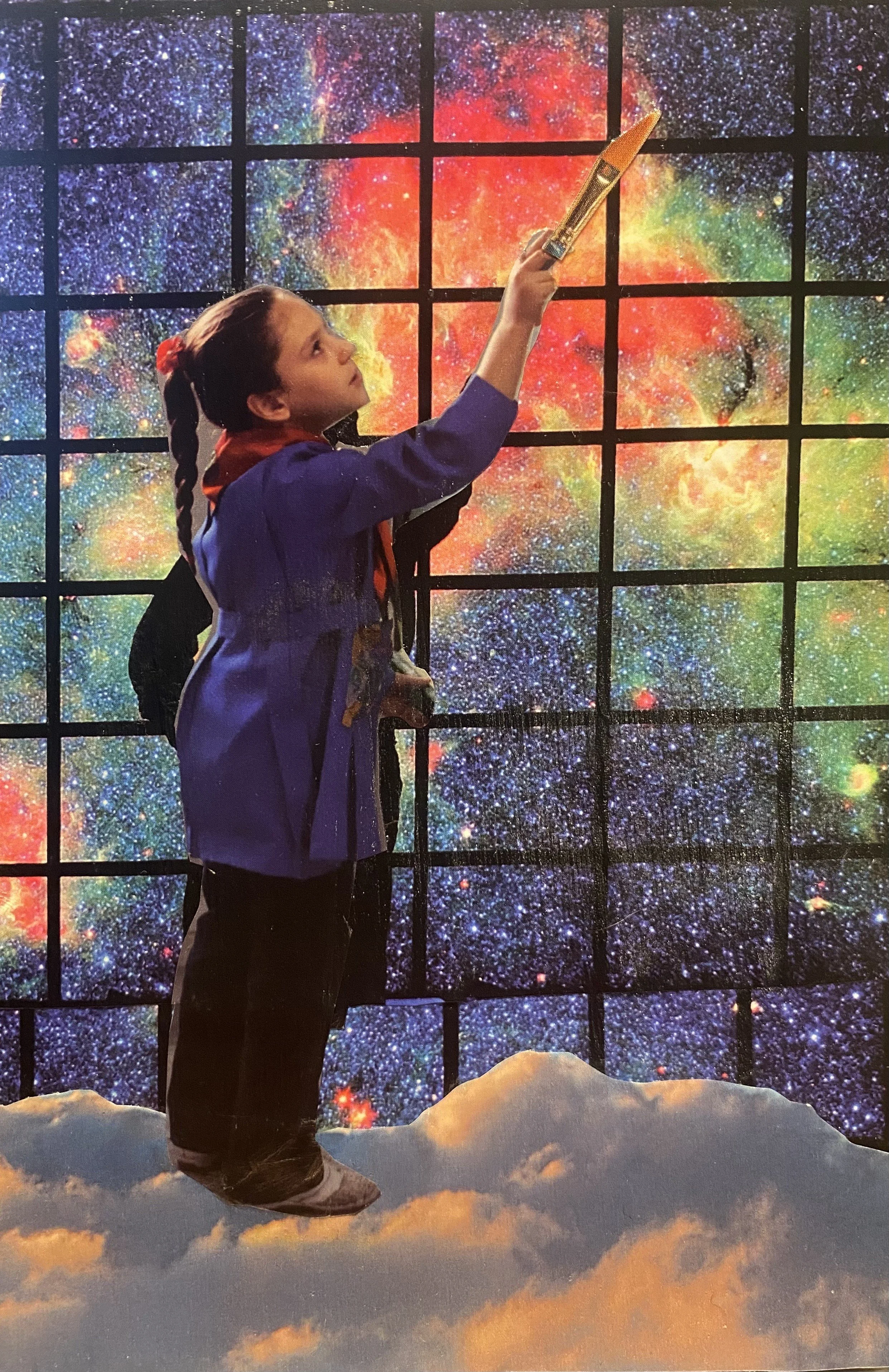 A young girl with braids, wearing a blue jacket and black pants, gazes upward while holding a brush in front of a galaxy-themed backdrop. The backdrop depicts a colorful, star-filled space scene seen through a grid of black square frames, with a snowy landscape at the bottom.