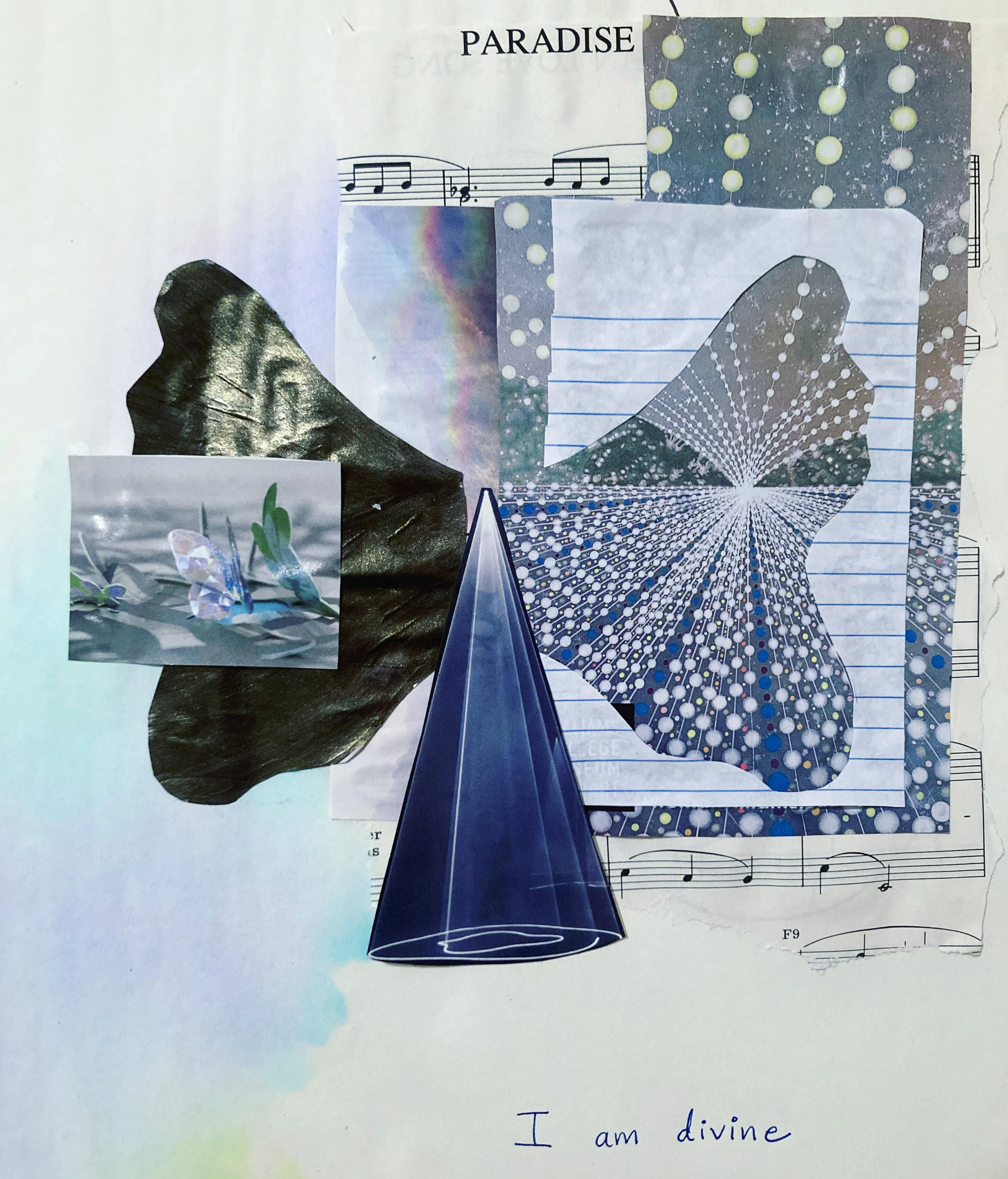A collage of various images including sheet music, a butterfly made of dots in a notebook, a black and white textured face, a holographic butterfly, a butterfly-shaped 3D object, and a rainbow-like pattern. The phrase "PARADISE" is printed at the top, and the handwritten text "I am divine" is at the bottom.