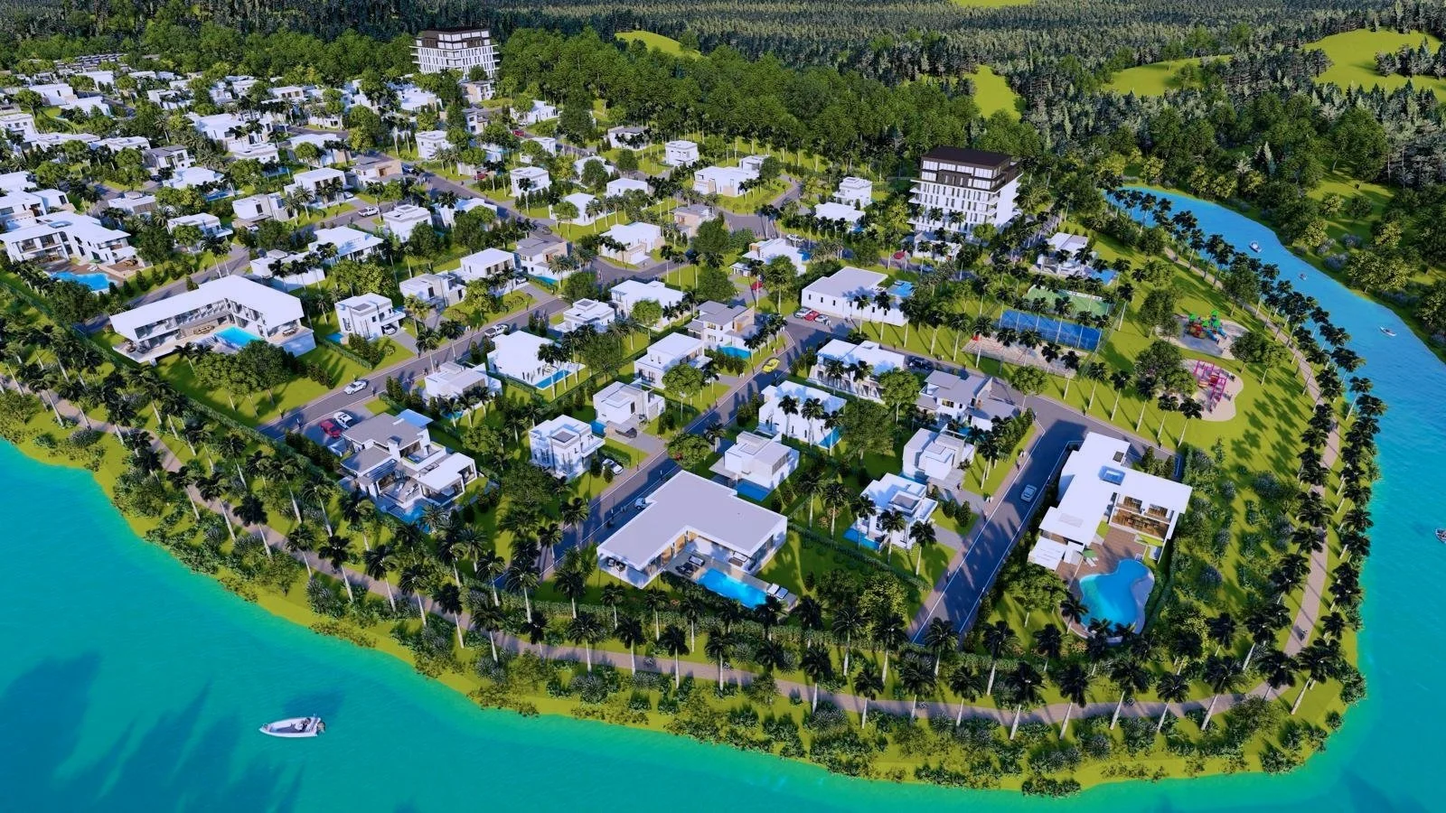 Aerial view of a luxurious waterfront residential community with modern white houses, pool areas, lush greenery, and a surrounding body of water with a boat.