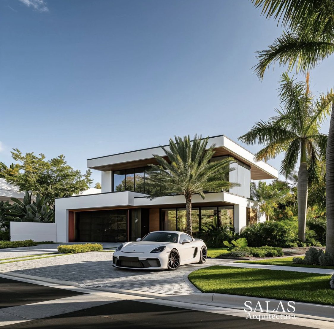 Modern white house with large glass windows, surrounded by lush green palm trees and landscaping. A white sports car is parked on a stone driveway in front of the house.