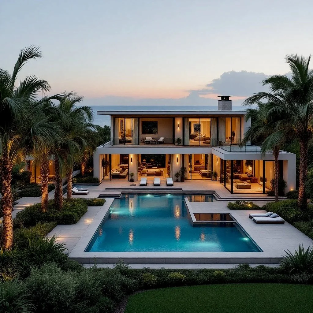 Modern two-story house with large glass windows, surrounded by palm trees, overlooking the ocean at sunset. The house has a rectangular swimming pool in the backyard with lounge chairs around it and warm interior lighting visible through the windows.