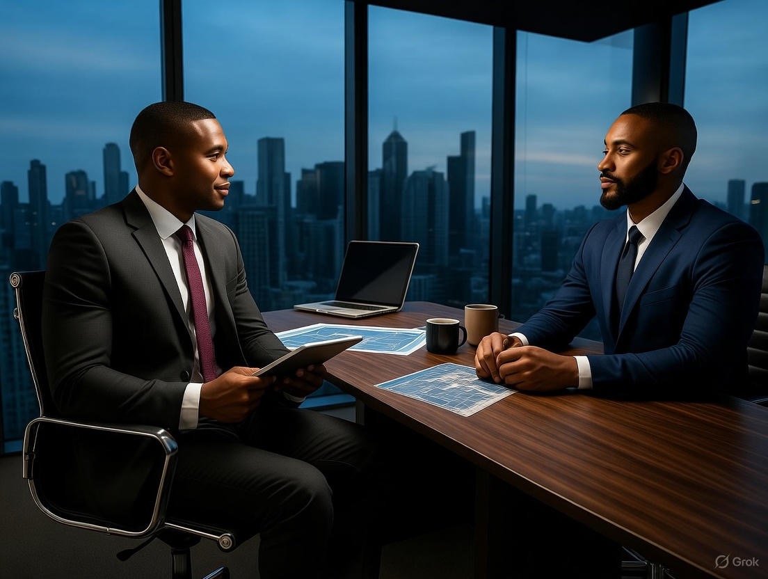 Two businessmen in suits having a discussion in an office with a city skyline view through large windows.