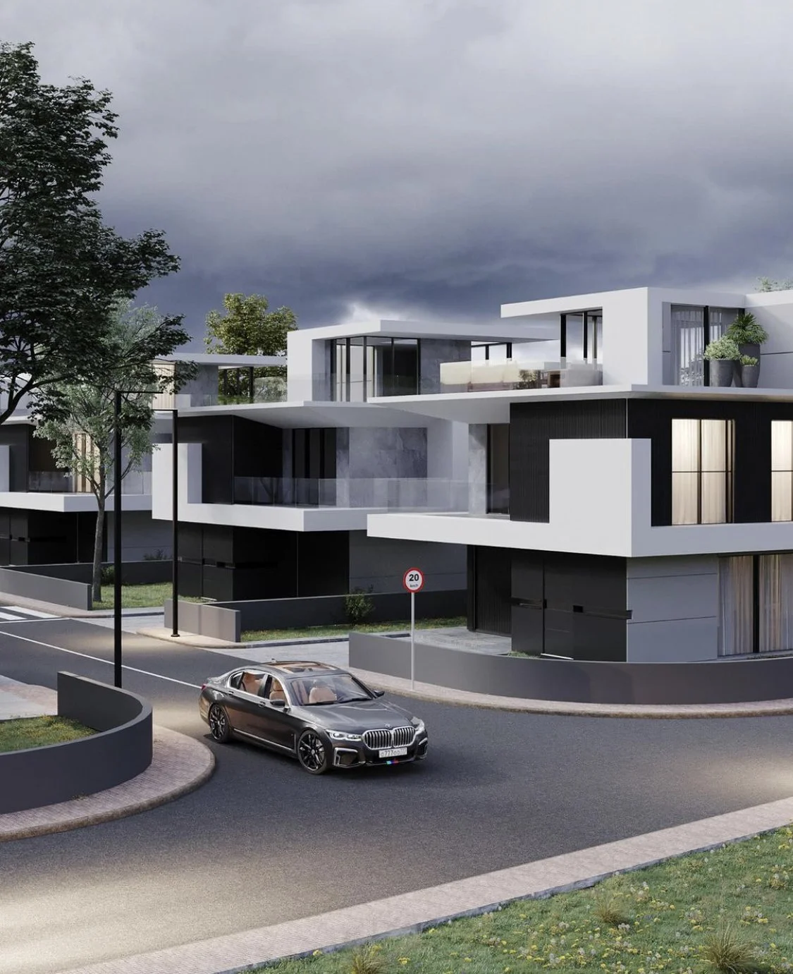 Modern multi-story apartment building with white and black exterior, large glass windows, and balconies. A sleek black luxury car is parked on the street in front. Dark storm clouds are overhead, and there are trees and a grassy area surrounding the building.