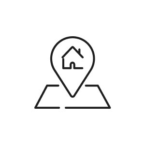 Icon of a house inside a location pin on a map.