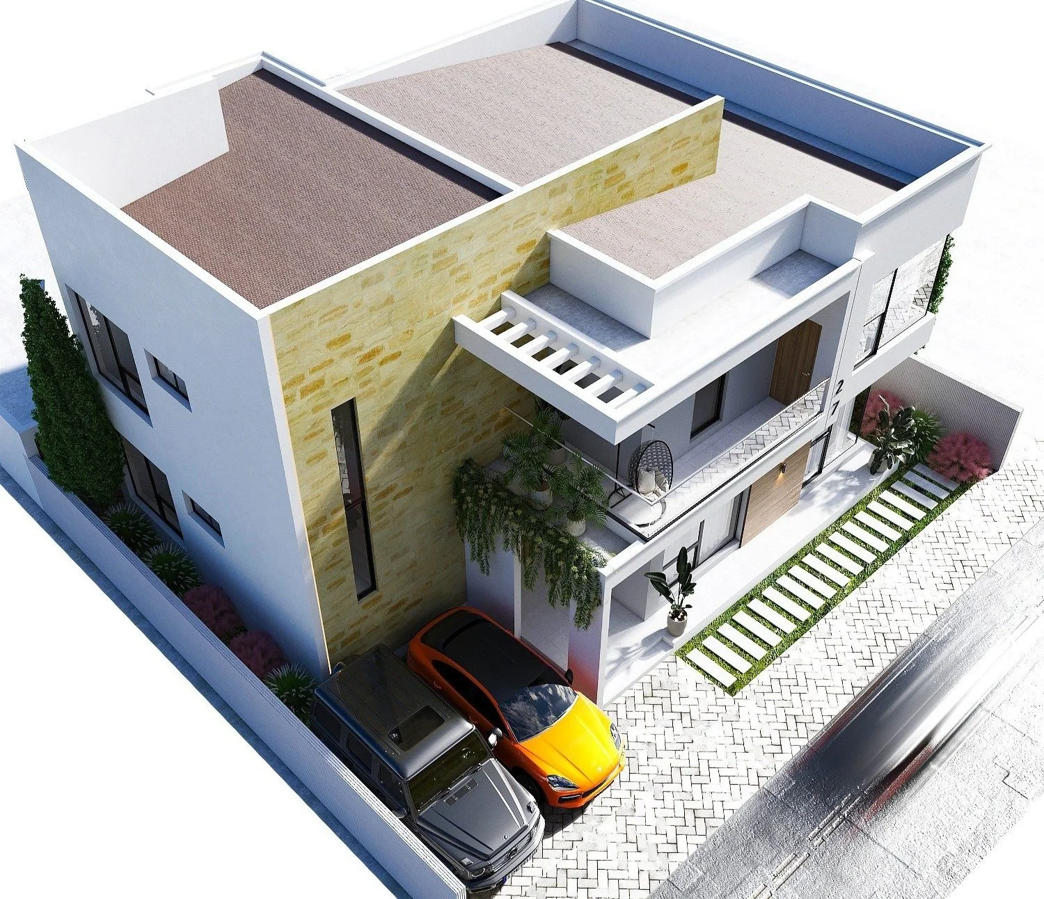 Modern two-story residential house with a driveway, parked cars, balcony, and landscaped yard.