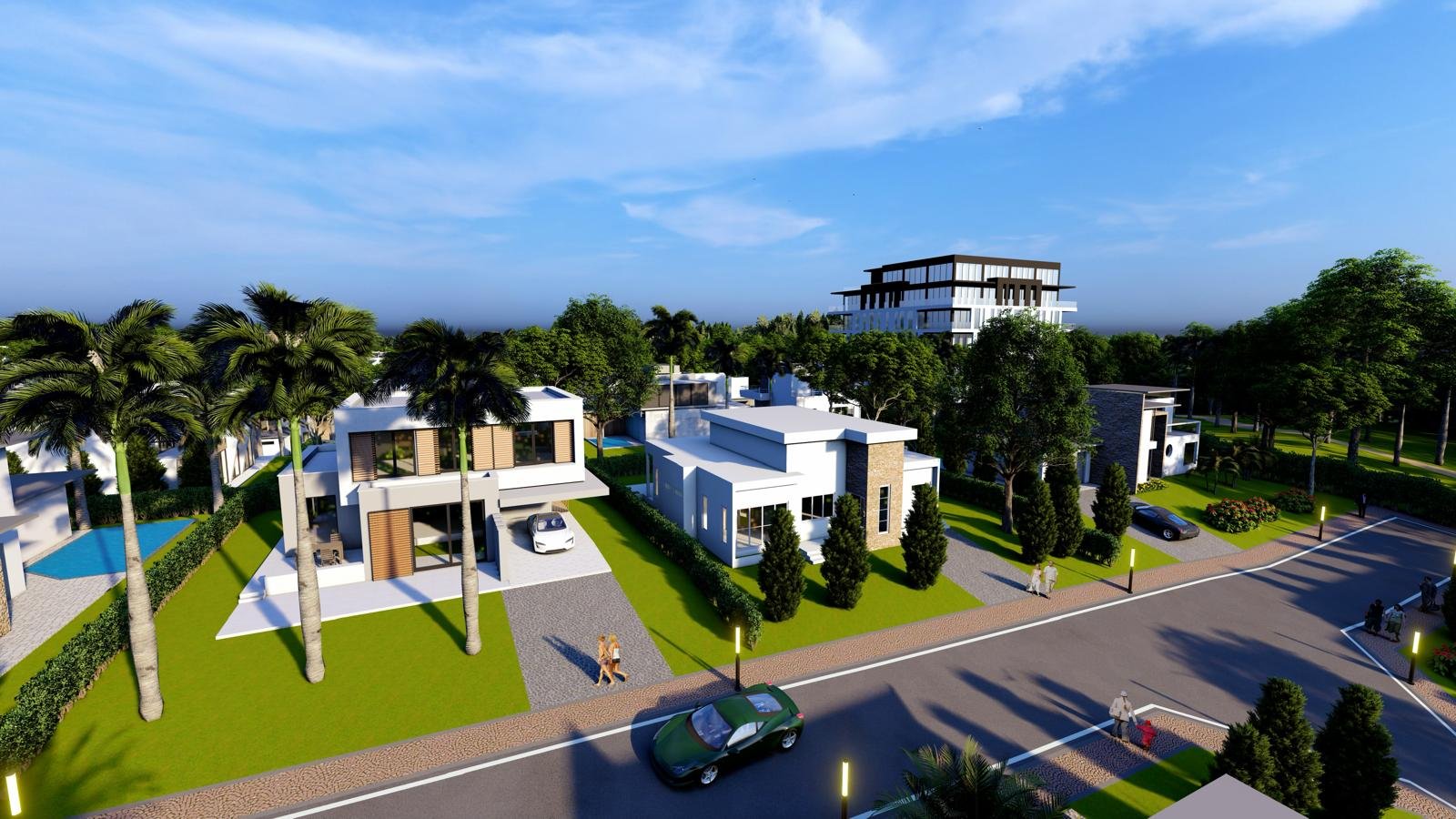 A modern residential neighborhood with white houses, green lawns, palm trees, parked cars, and people walking, set against a backdrop of trees and a blue sky.