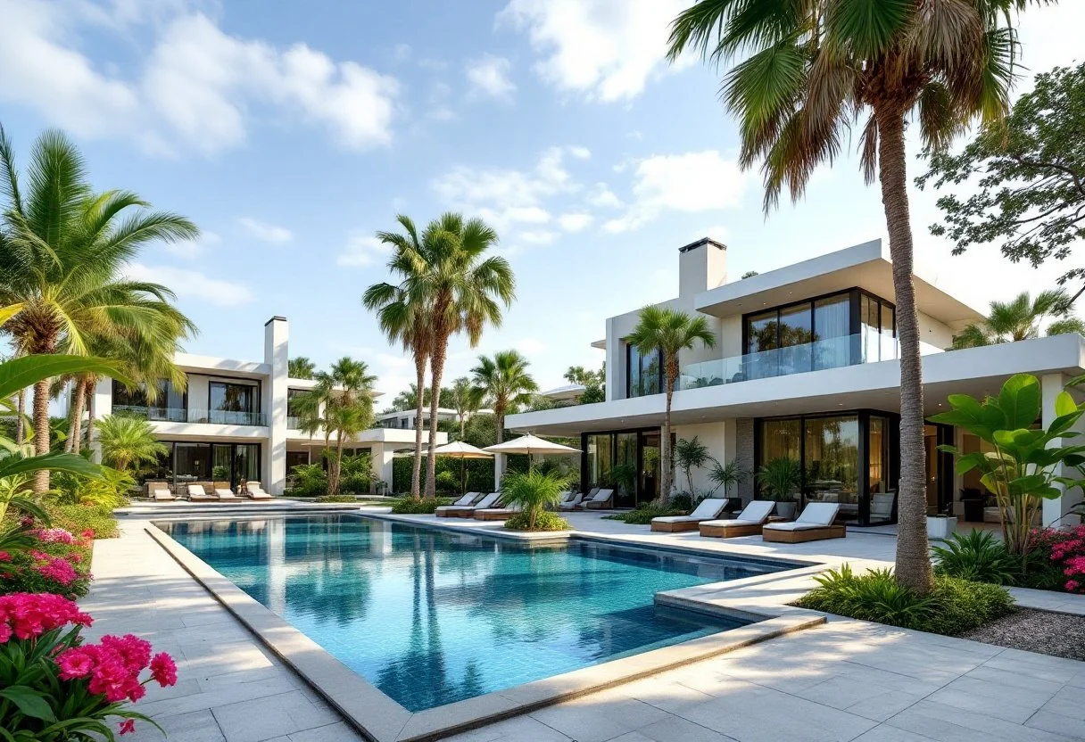 Modern living room with large glass sliding doors overlooking a lake and trees, white walls, a grey sofa, a wooden coffee table with three candles, a blue rug, a yellow chair with a potted flowering plant, and decorative wall art.