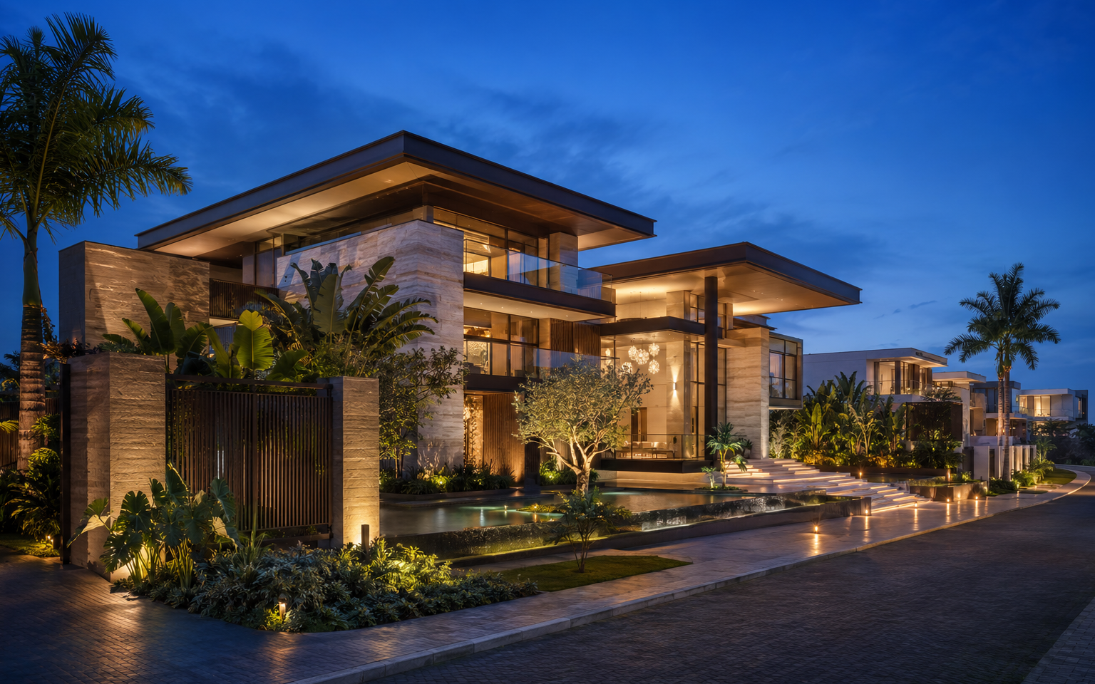 Luxury living room with floor-to-ceiling windows showing a cityscape at dusk, contemporary furniture, a dining table set for a meal, and minimalistic decor.
