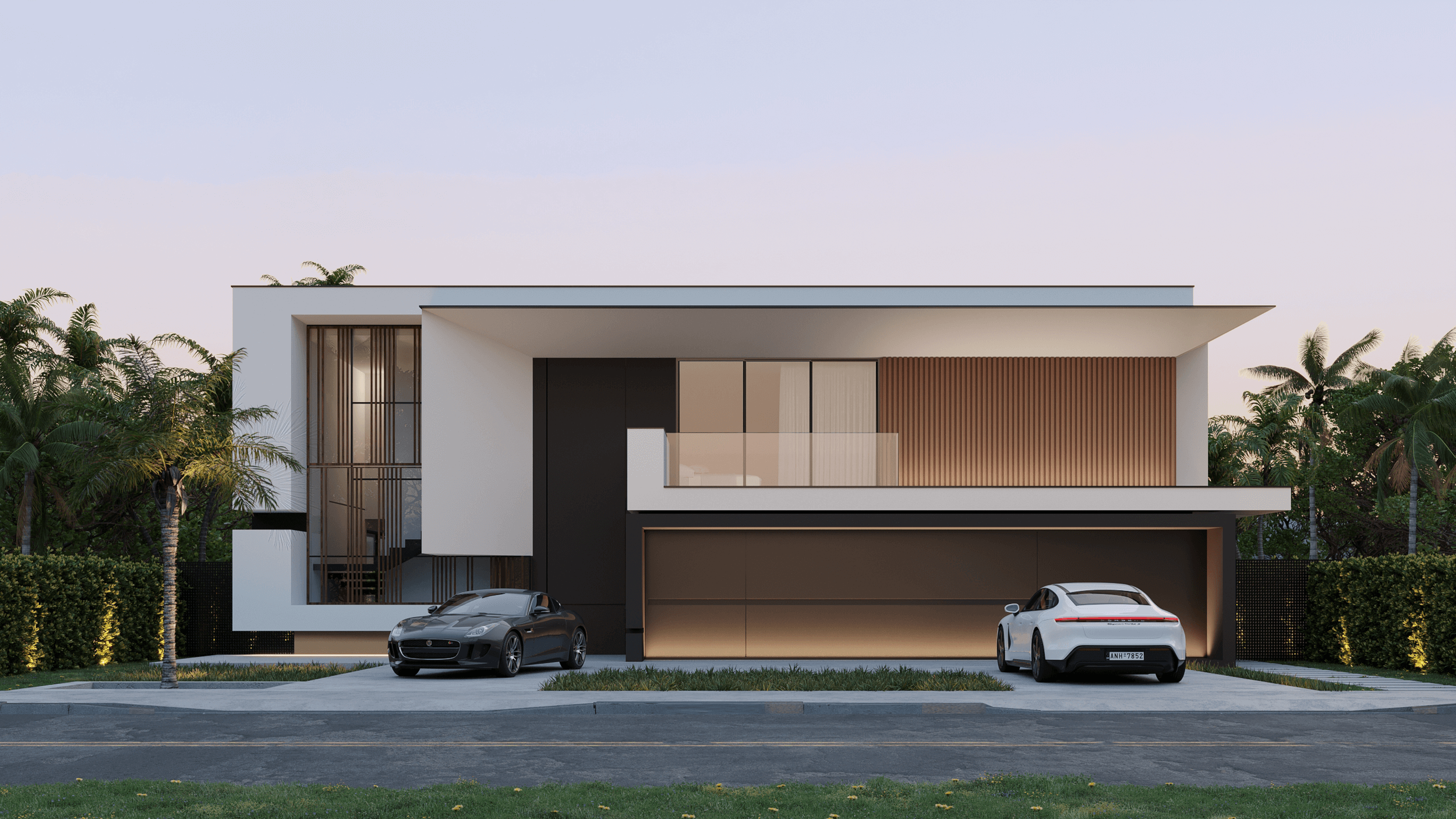 Modern two-story house with white and black exterior, wooden accents, and glass balcony, surrounded by palm trees, with two luxury cars parked in front.