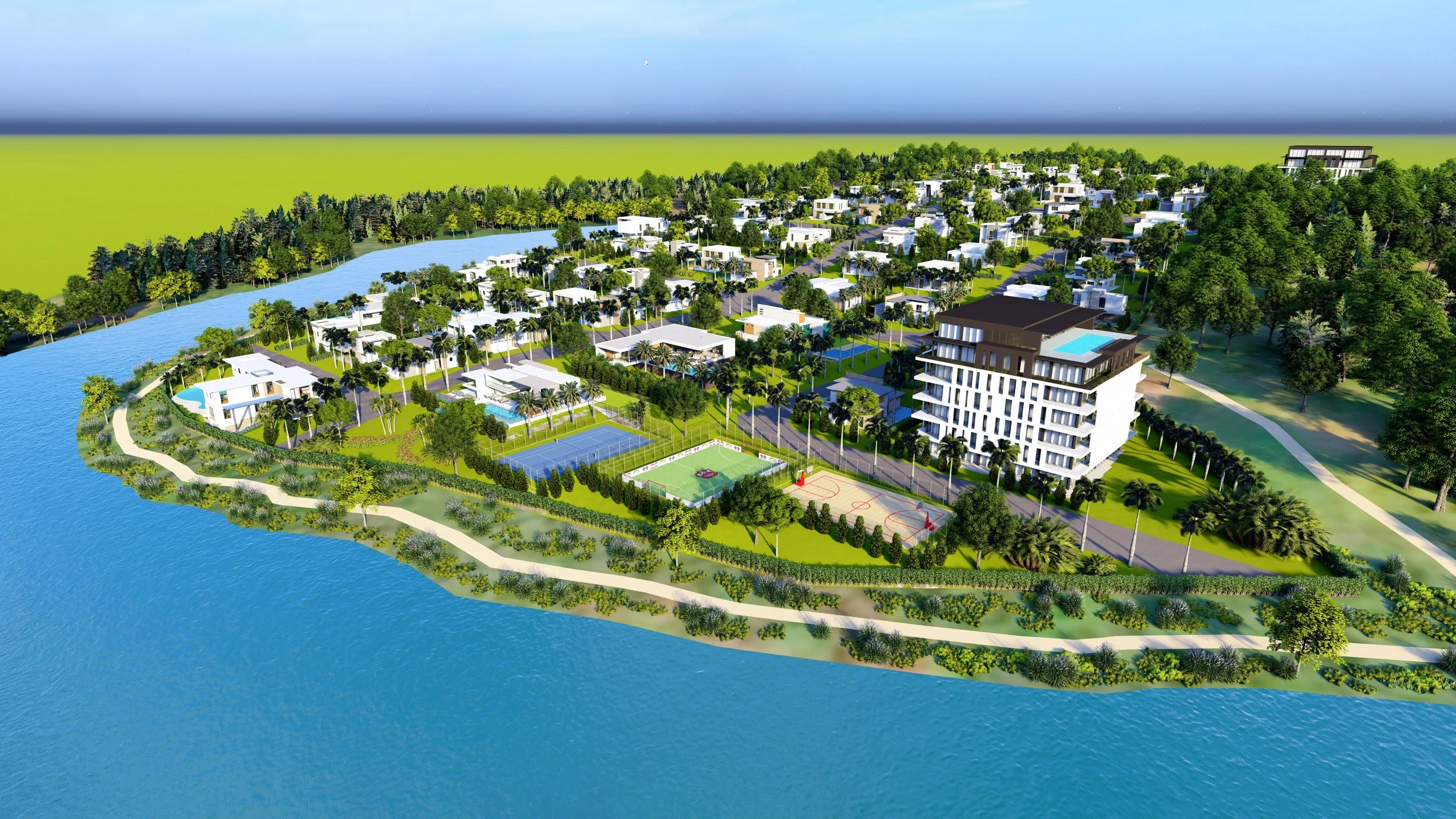 Aerial view of a modern residential community with water surrounding it, including houses, a large building with a pool, sports courts, and landscaped green spaces.