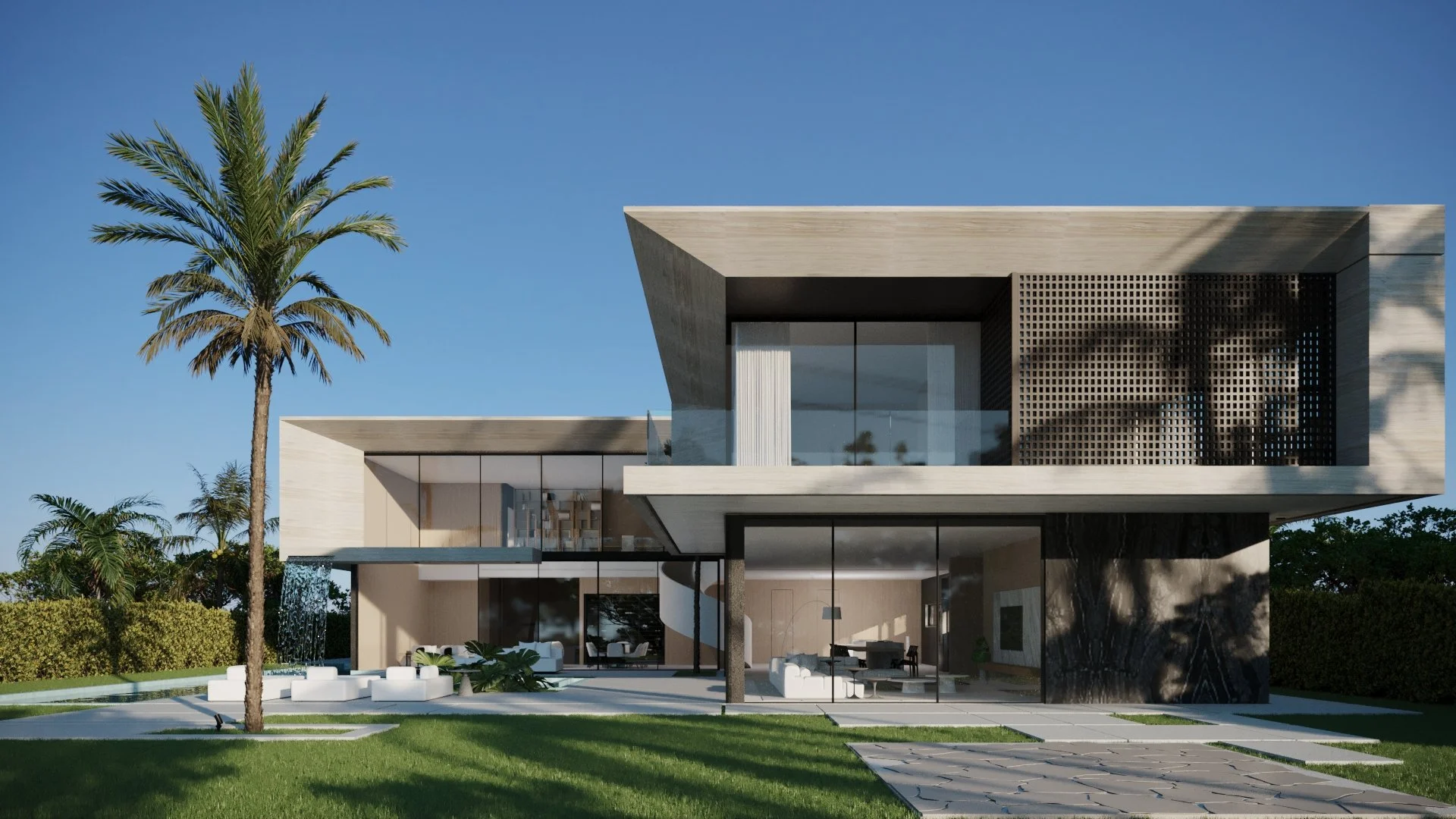 Modern two-story house with large glass windows, minimalist design, and outdoor living space, surrounded by green lawn and palm trees.
