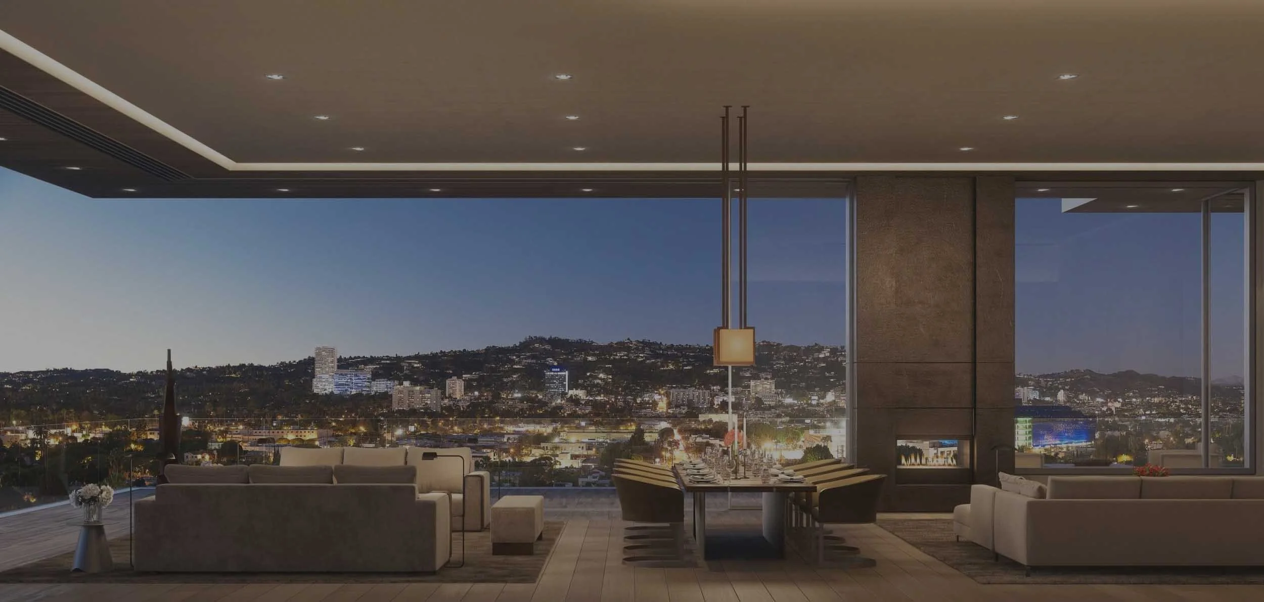 Luxury living room with floor-to-ceiling windows showing a cityscape at dusk, contemporary furniture, a dining table set for a meal, and minimalistic decor.