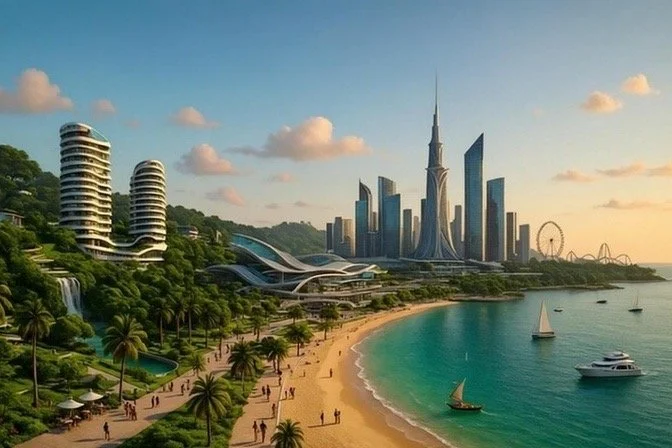 Modern living room with beige sofas, glass coffee table, white walls, large windows, and a fireplace, with two people sitting at a dining table in the background.
