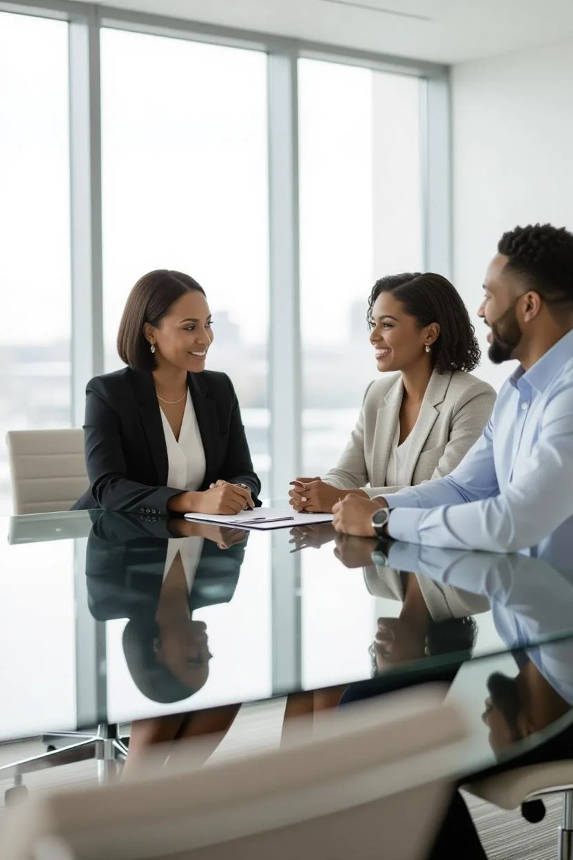 Three business professionals, two women and one man, sitting at a glossy conference table in a modern office, engaged in a discussion with smiles, with large windows in the background letting in natural light.