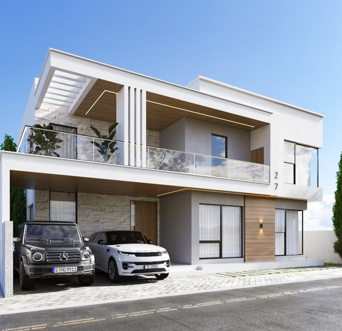 Modern three-story house with a parking area for two cars in front, glass balcony, and contemporary design, set against a blue sky.