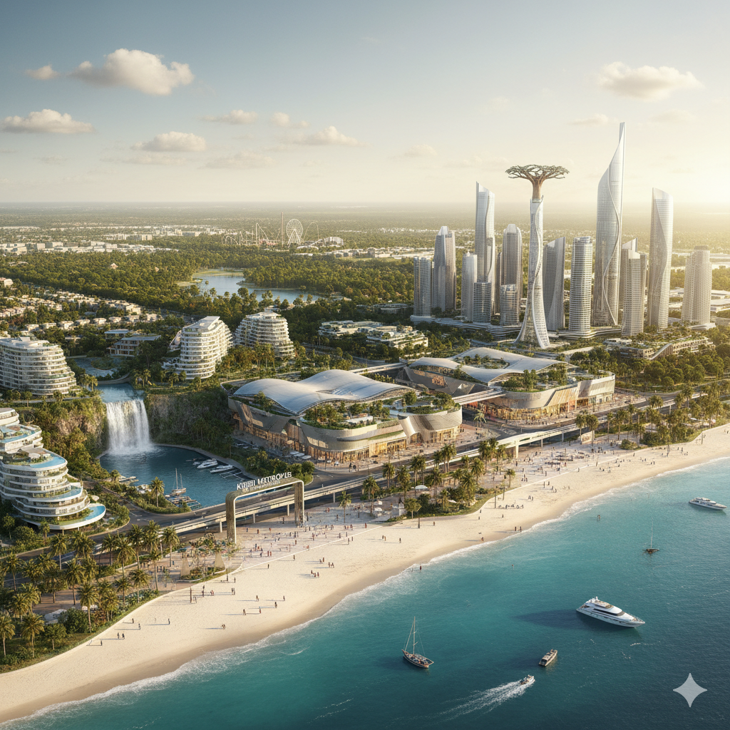Empty sandy beach with white lounge chairs and cabanas, some with brown roofs, shaded by large palm trees, with a volleyball net set up near the water and calm river or ocean in the background.