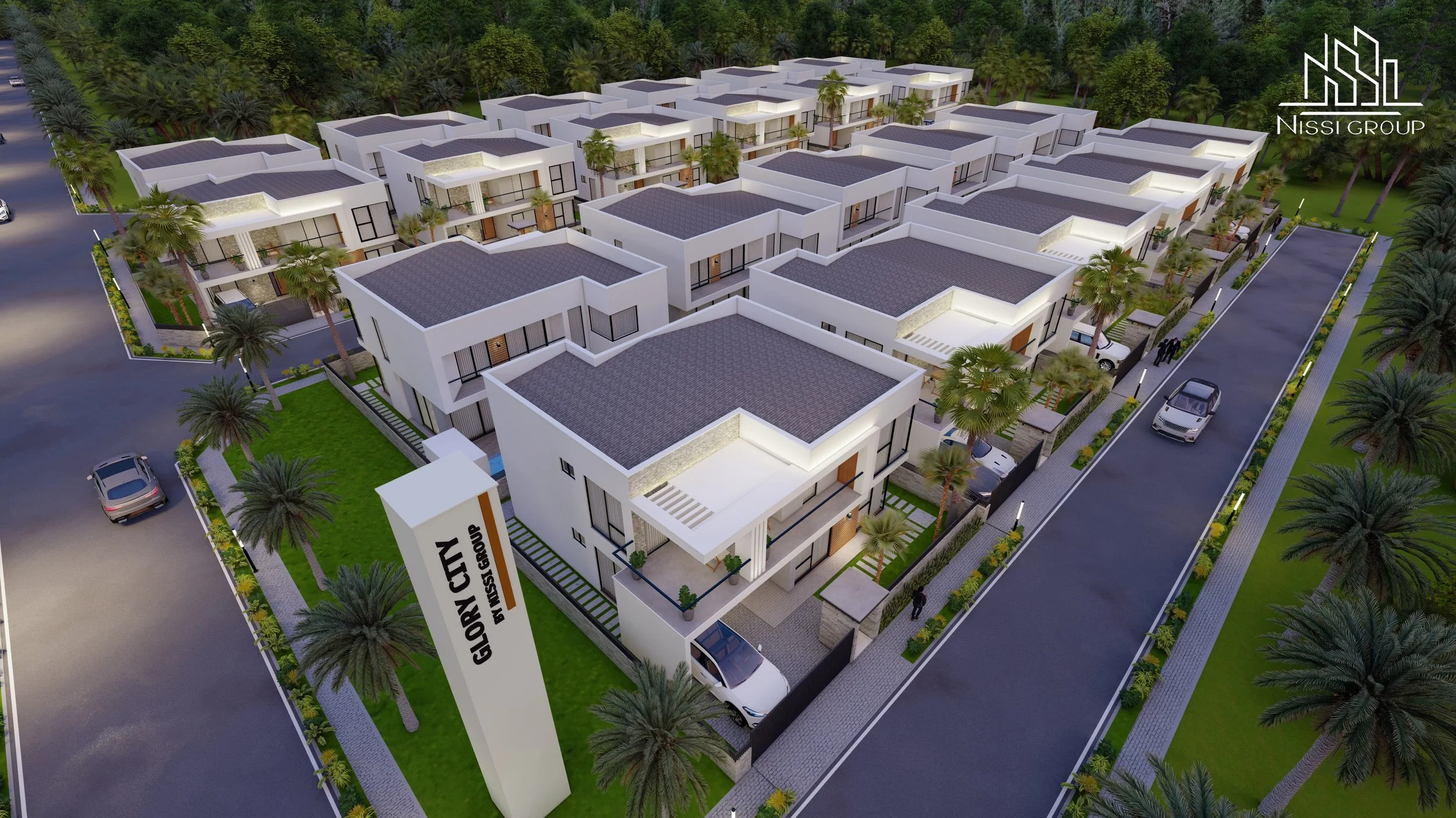 A modern two-story house with a flat roof, outdoor balcony, attached garage, and landscaped front yard with a driveway, green plants, and seating area.