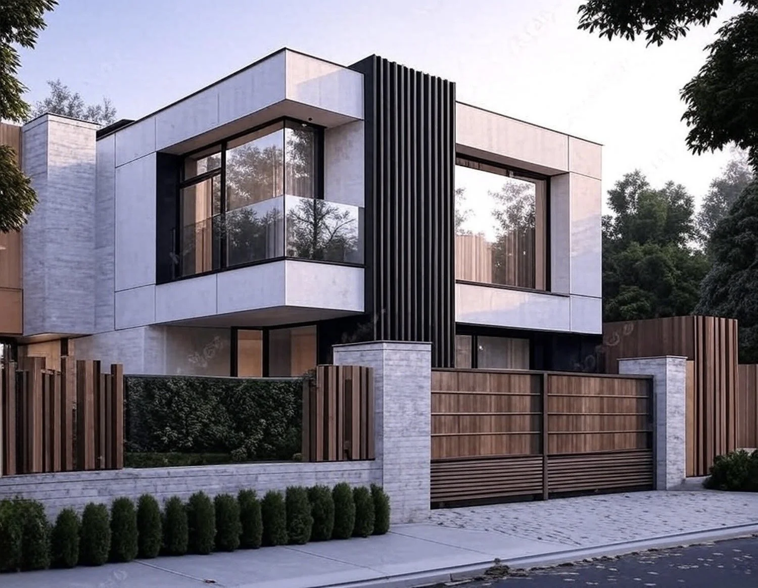 Modern living room with beige couches, a glass coffee table, a fireplace, and people sitting at a dining table in the background, with large windows letting in natural light.