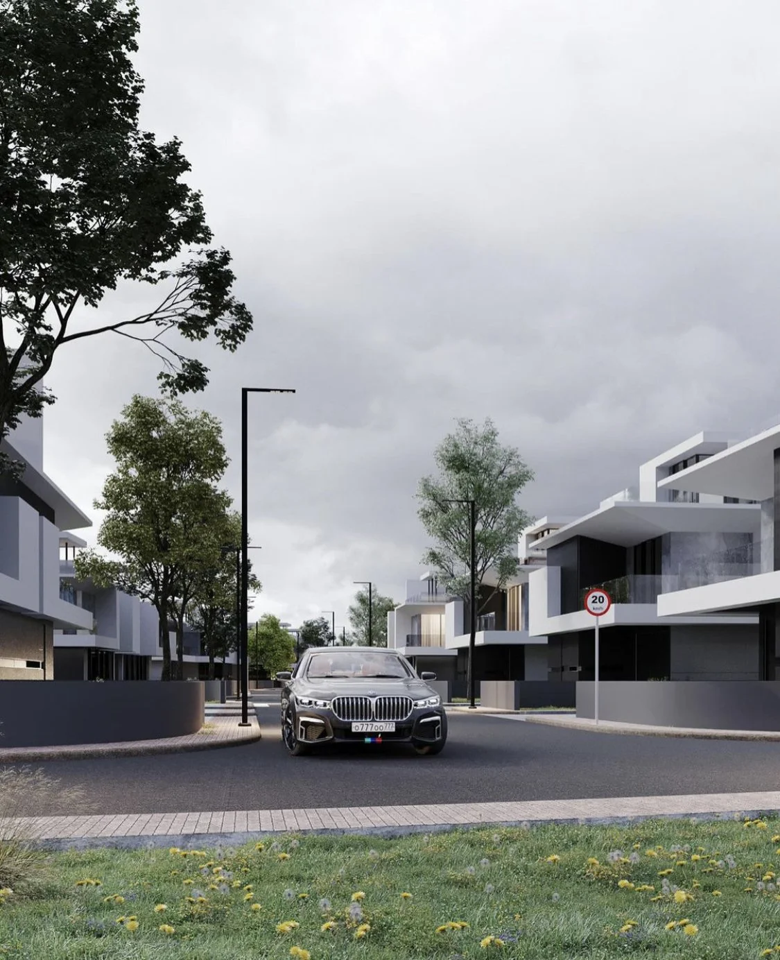 A modern BMW parked on a residential street with contemporary apartment buildings, trees, and street lamps under a cloudy sky.