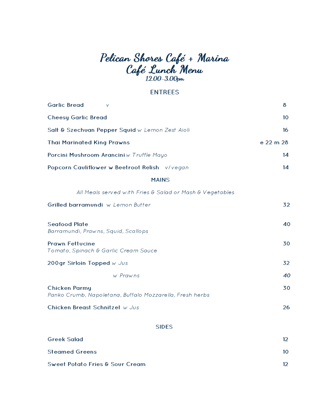 Cafe Menu — Pelican Shores