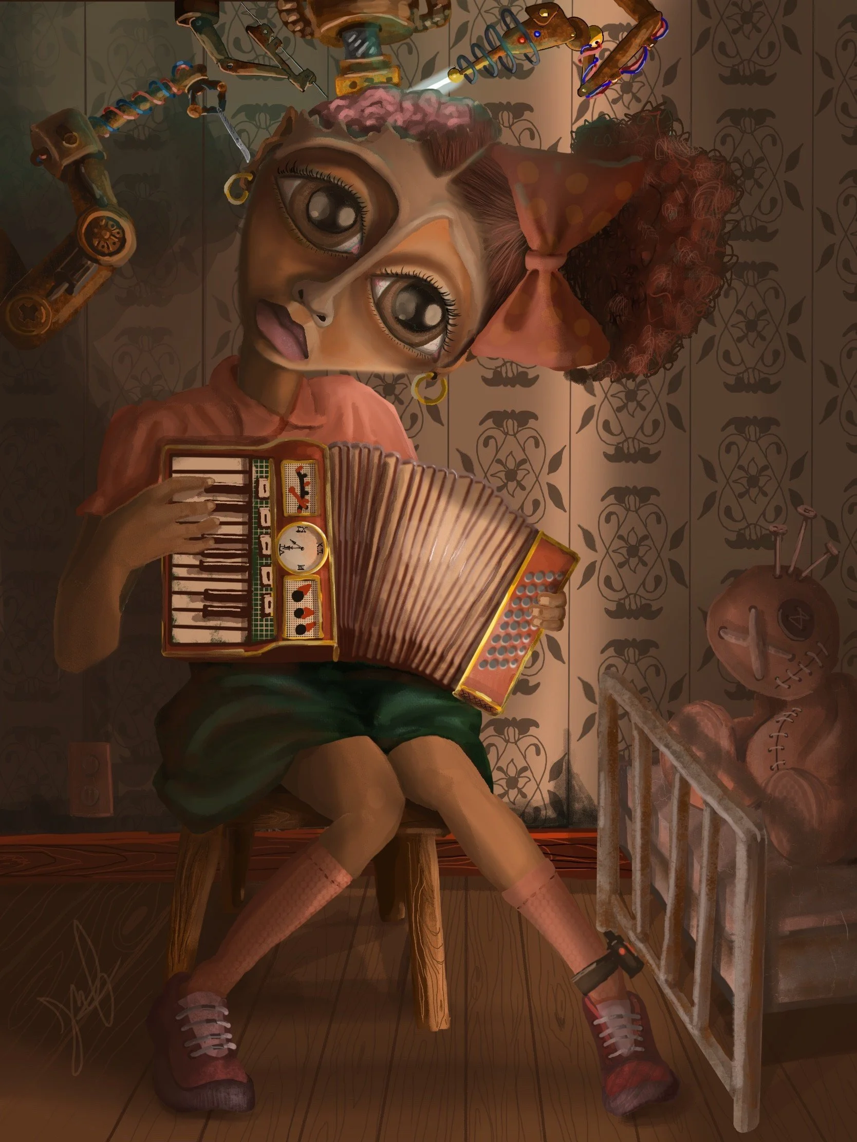 A digital illustration of a girl with large eyes and brown hair styled in volume with a pink bow, sitting on a wooden stool, playing an accordion. The girl wears a pink shirt, green shorts, pink socks, and sneakers. The background features a wall with floral patterns, an alarm clock on the floor, a metallic sculpture, and other miscellaneous objects.