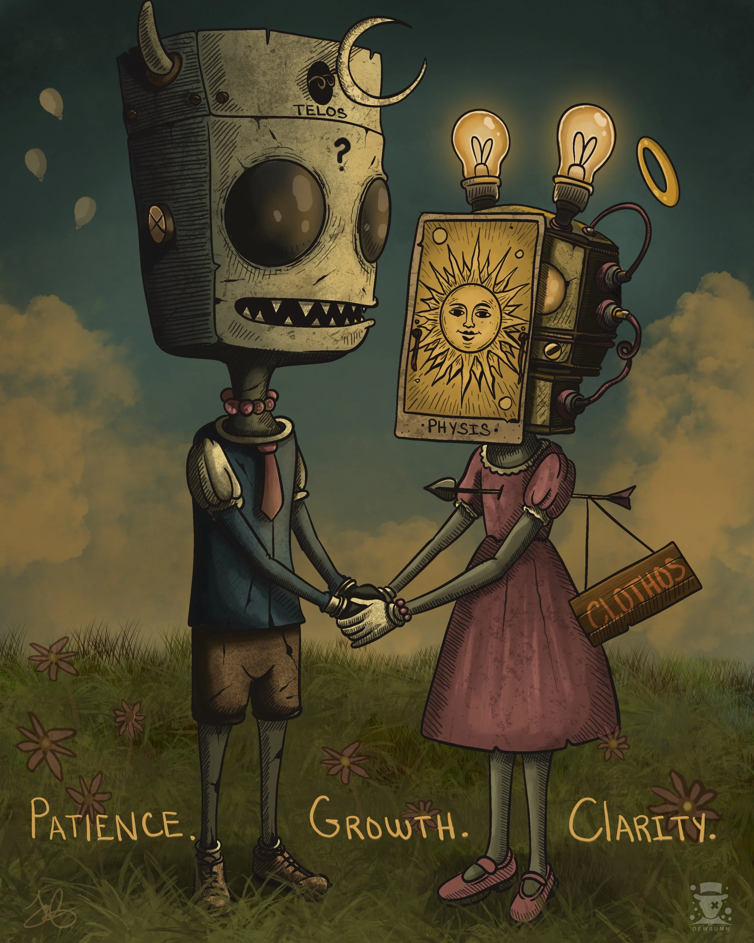 Two humanoid skeletons with robotic features holding hands in a field of grass with flowers. They are shaking hands and smiling. The background shows a sky with clouds and a few floating balloons. The right skeleton has a card labeled "Physics" with a sun face illustration, and words "Patience," "Growth," and "Clarity" appear at the bottom.