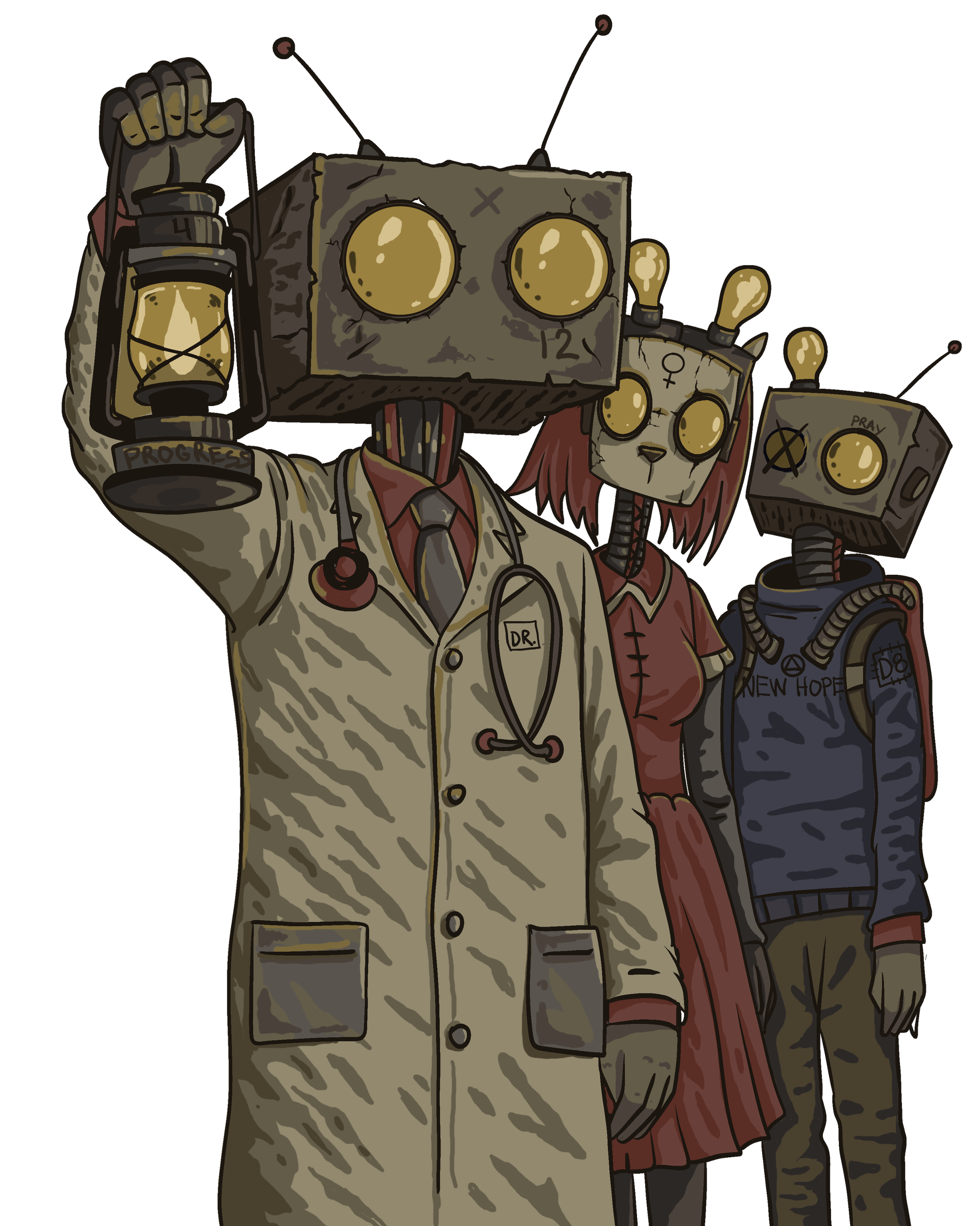Three cartoon characters with robot-like and zombie features, one holding a lantern, with glowing yellow eyes and damaged appearances.