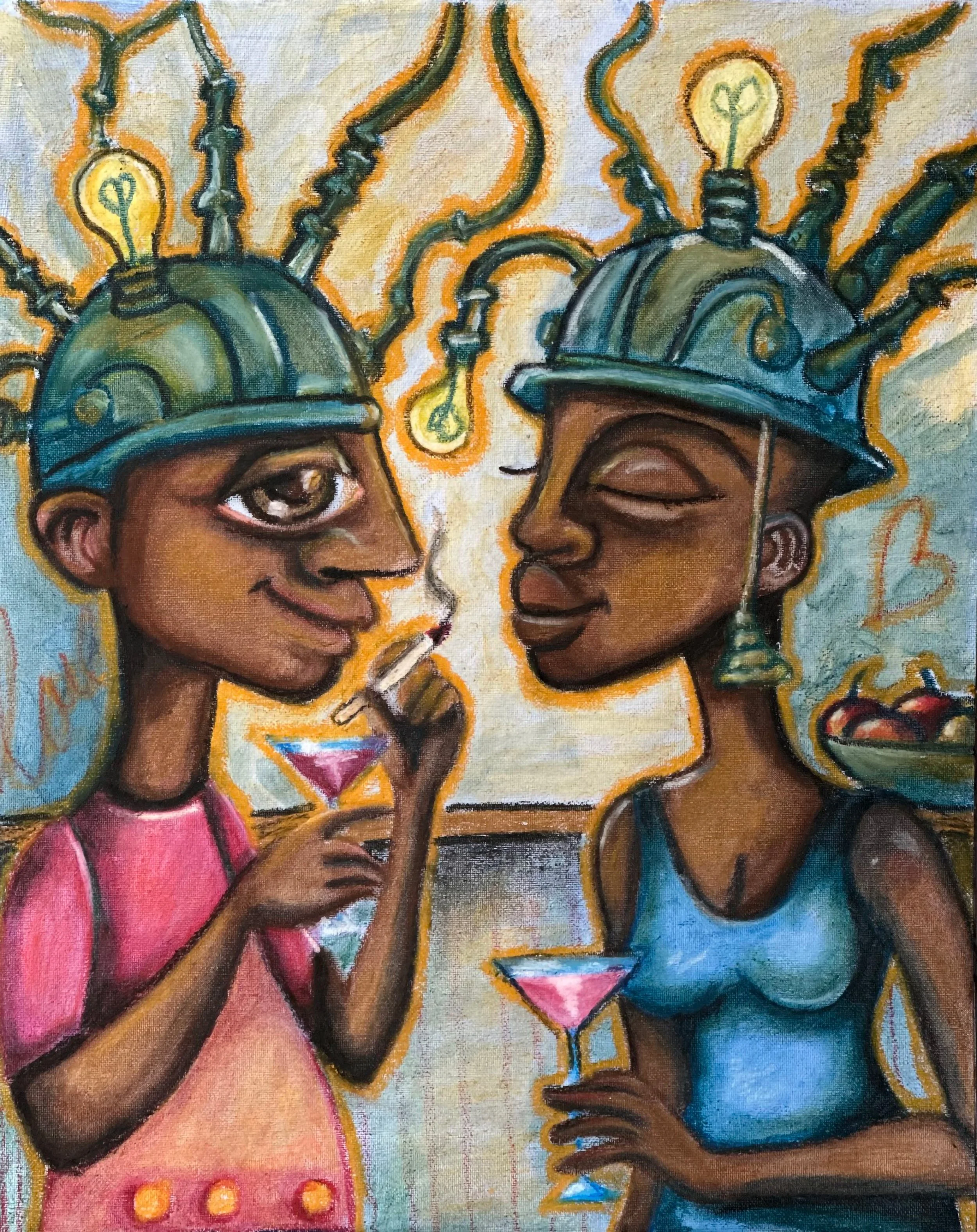 "Normies in the Courtyard" Wax Pastel on Canvas Paper.
