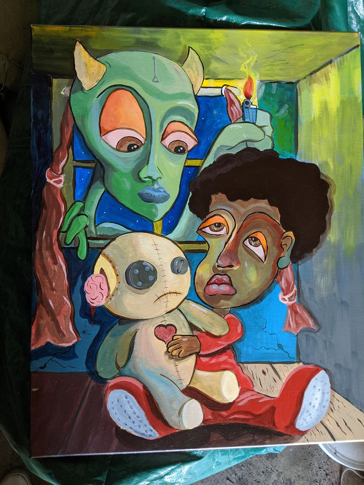 A colorful painting of a person with green skin, large expressive eyes, and angel wings, holding a lighter with a flame, surrounded by various surreal elements such as a bleeding skull, a heart, and abstract shapes.