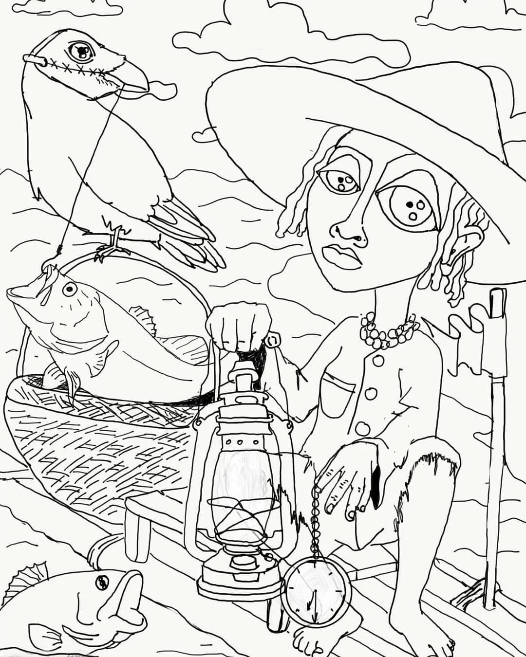 A line drawing of a woman wearing a hat and a necklace sitting on a boat with fishing gear. She is holding a lantern and a pocket watch. There is a large fish in a basket, a fish on the ground, and a bird perched on the basket. The background includes water and clouds.