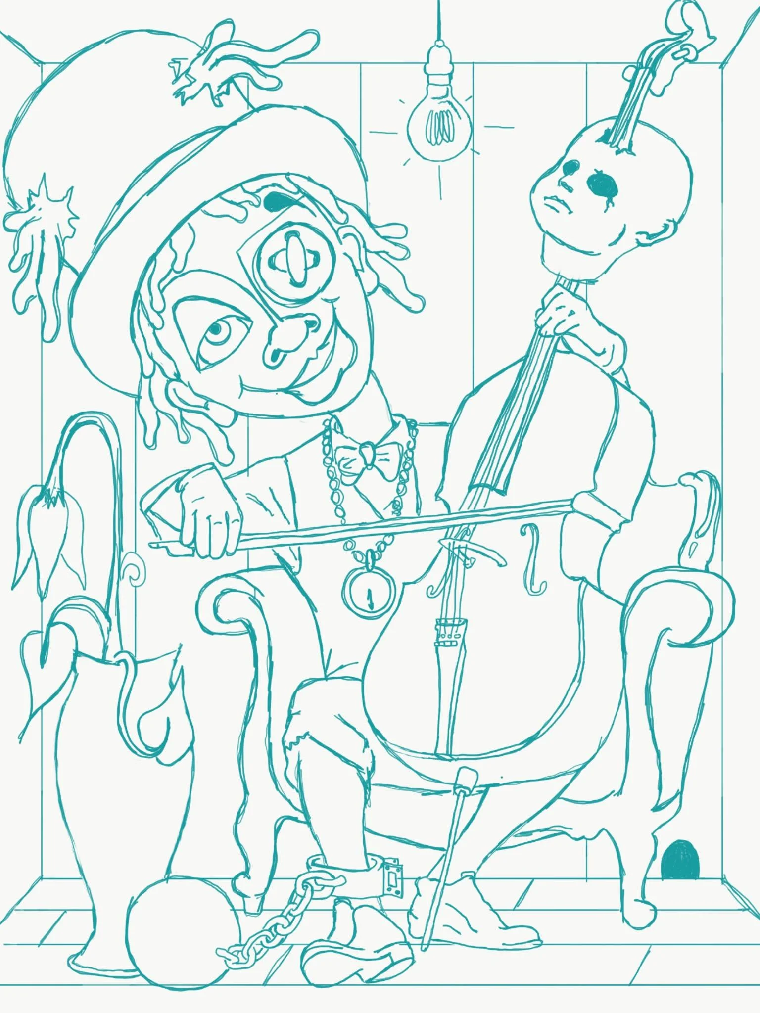A line drawing of a person dressed as a clown, sitting on a vintage-style armchair with a chain around their ankle, tying up a person with a mannequin head for a mask, sitting on the floor, holding a stick with what appears to be a mannequin head with a hand protruding from it, hanging from a ceiling hook, in a room with tiled walls and a lightbulb.