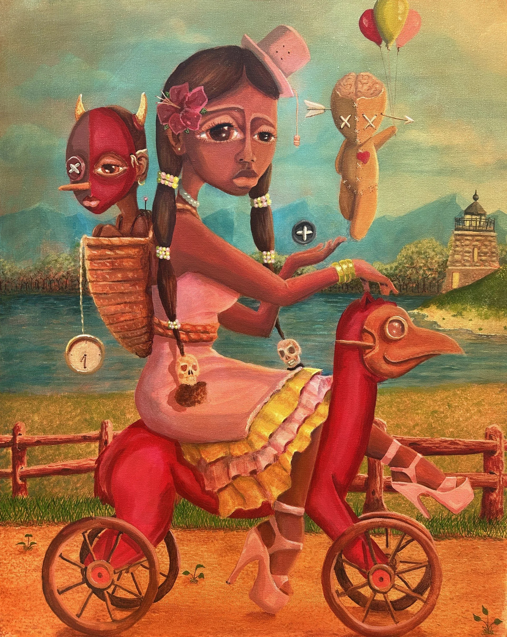 A surreal painting of a girl with dark hair, dressed in pink with a yellow skirt, riding a pink bicycle. Her face looks sad and she has beads and flowers in her hair. She has a skull hanging from her waist. There are floating objects around her, including a black and red mask with horns, a humanoid figure with a brain for a head, a heart with an arrow through it, and balloons. The background features mountains, a lake, a lighthouse, and a sky with soft clouds.