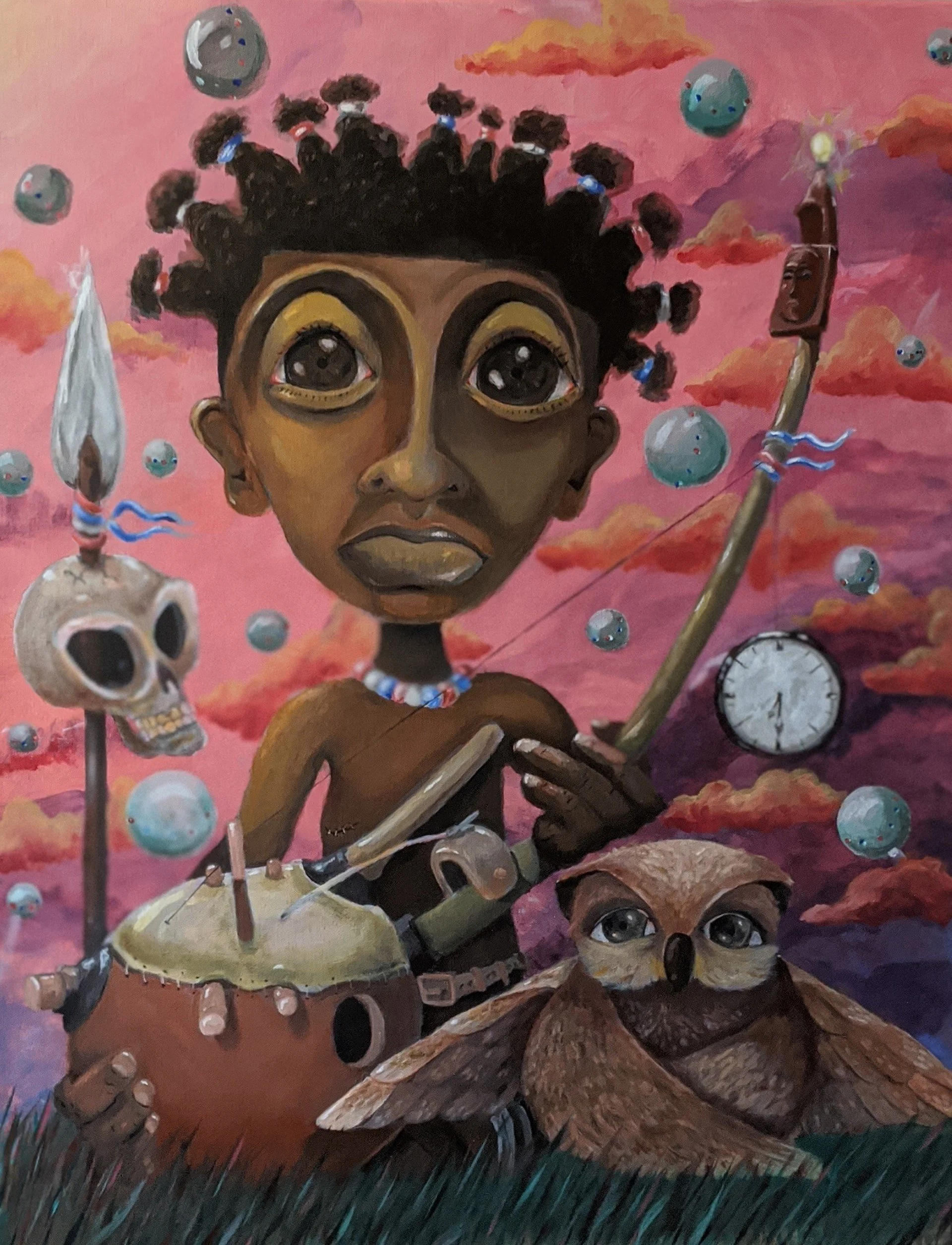 A surreal painting featuring a child with large eyes and curly hair, holding a spear, surrounded by floating orbs and skulls, with a pink sky and clouds in the background.
