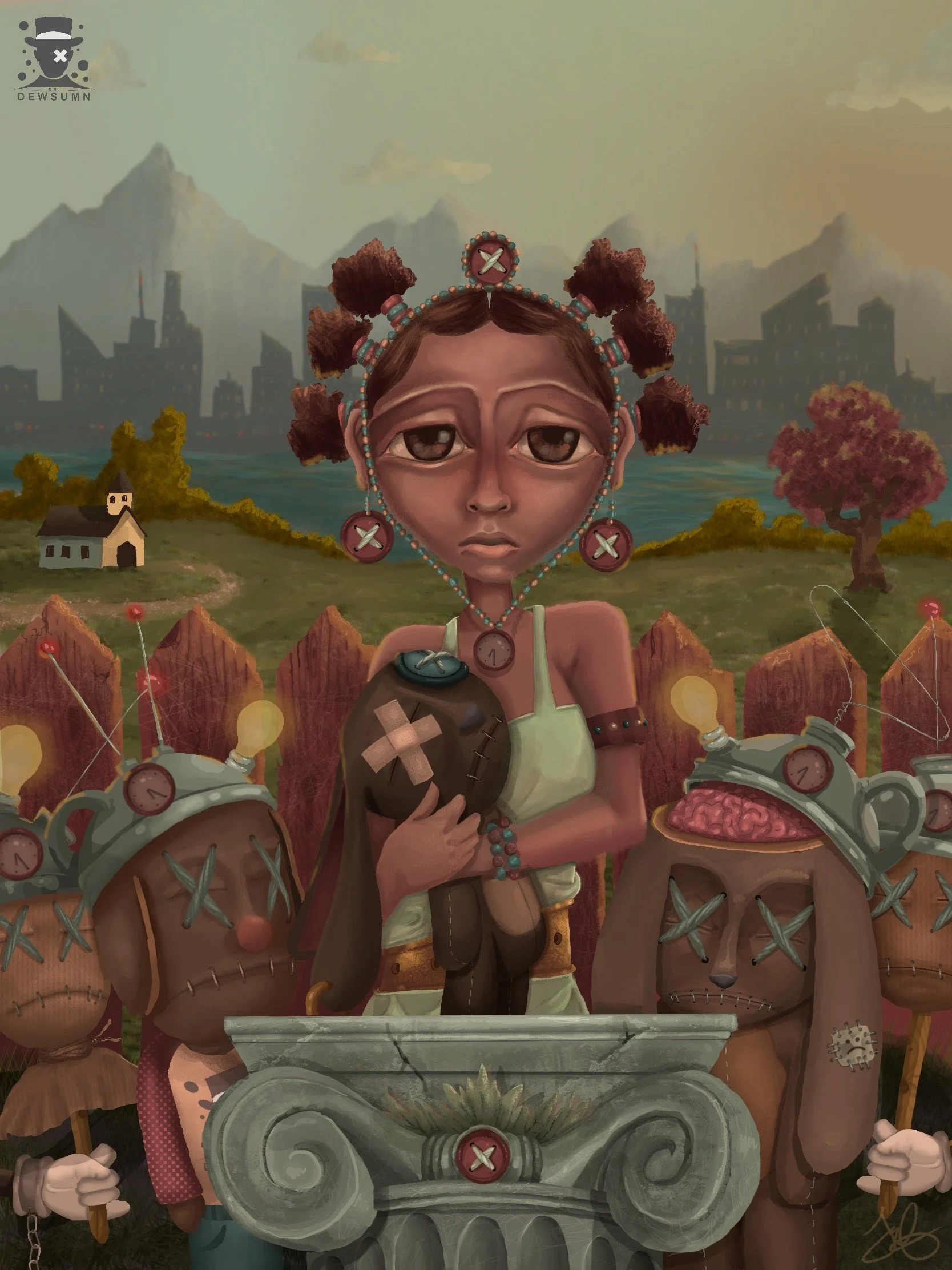 A surreal digital illustration of two women with large, sad eyes, wearing clothing and accessories with clock and button motifs, standing behind a stone architectural element during daytime with a cityscape and mountains in the background.