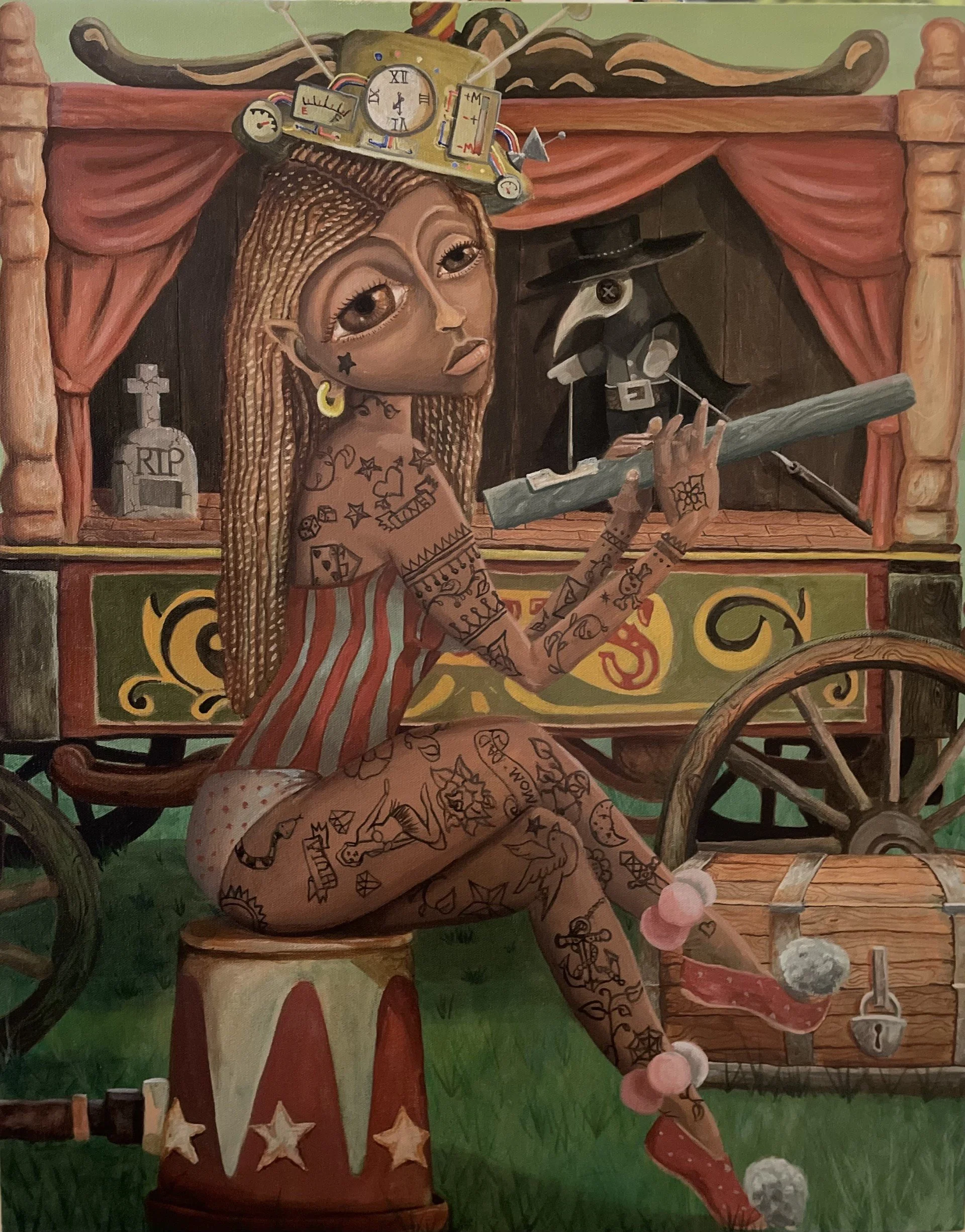 Wall painting of a curious woman with long braids, tattooed arms and legs, sitting by a merry-go-round in a carnival setting. She wears a striped dress and a whimsical hat resembling a robot with electromagnetic parts and gauges. Behind her, a black figure with a top hat, monocle, and a mustache holds a wooden stick. The background features a red curtain, a grave with 'RIP' engraved, and circled stars on a green grassy area.