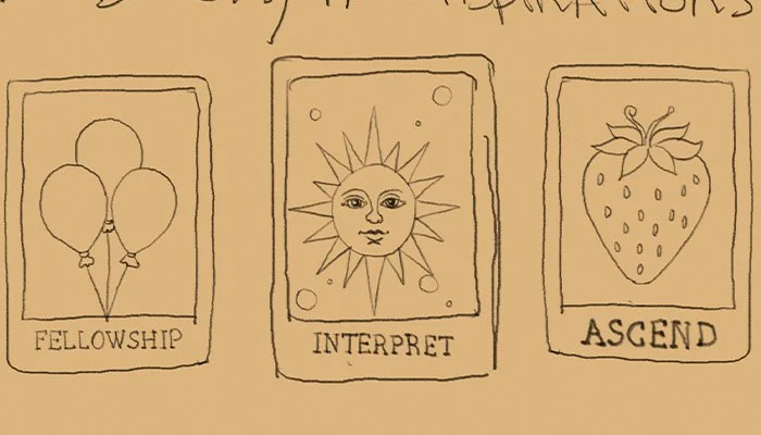 a sketch of 3 cards, 1 is 3 balloons with the word fellowship, the other is a suns face with the word interpret, the other is a strawberry with the word ascend.