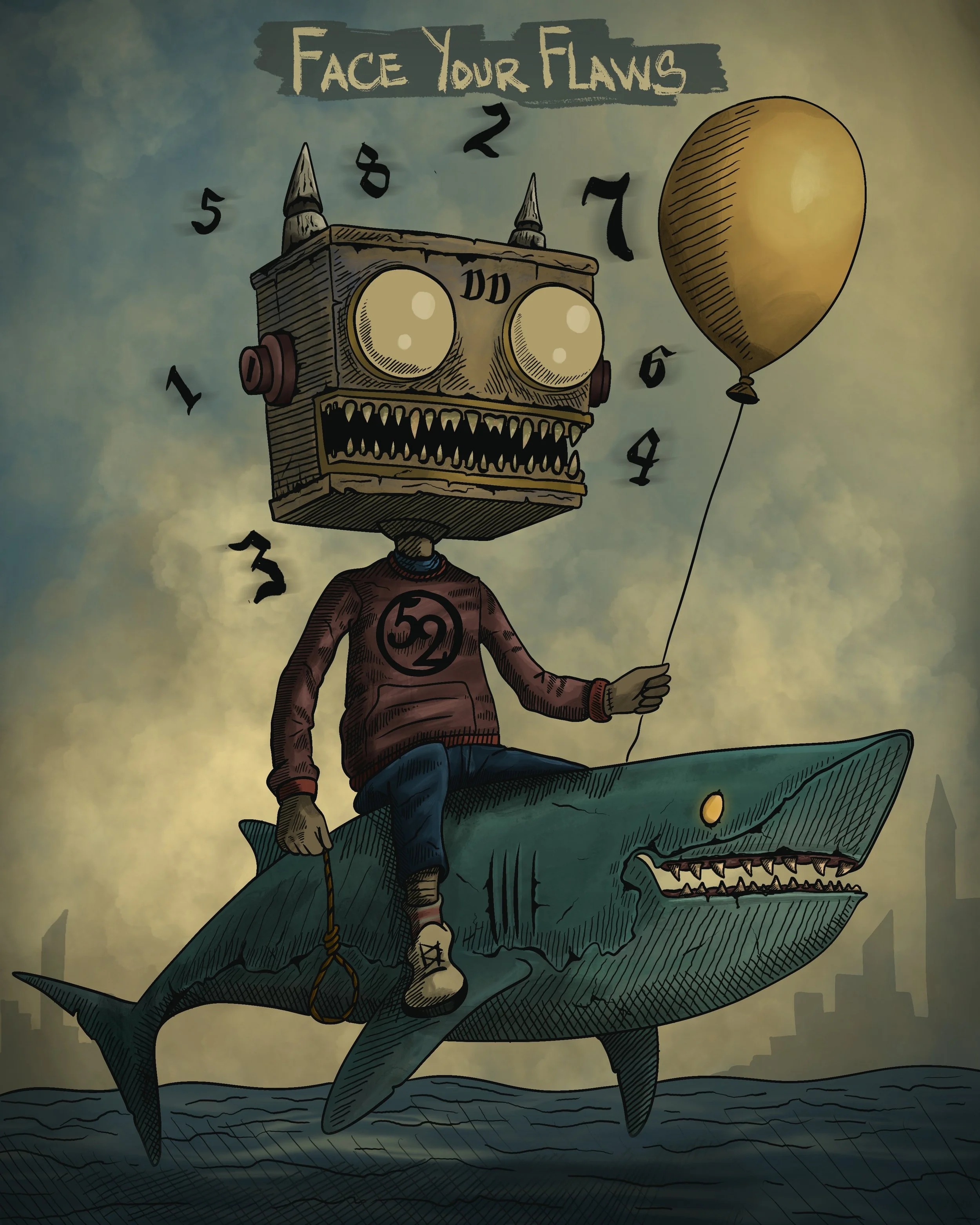 A surreal illustration of a humanoid figure with a robotic head sitting on a large shark. The figure is holding a balloon and wearing a sweater with the number 52. The background features a cloudy sky, and the text 'Face Your Flaws' is written at the top.