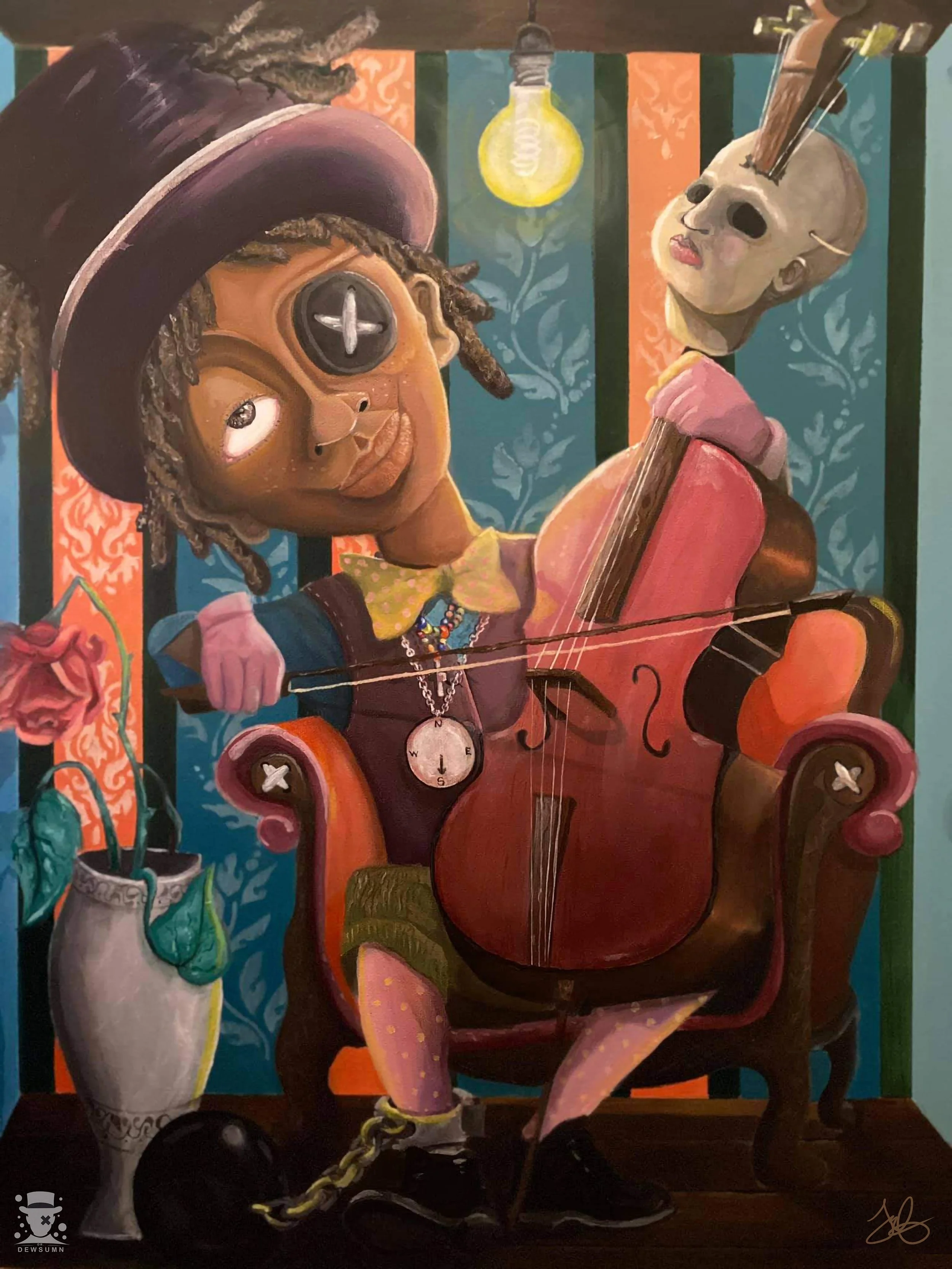 A painting of a person with dreadlocks and a hat, sitting on a pink chair, holding a guitar. The person is wearing a necklace with a compass pendant. There is a dog with a rabbit's nose and ears, holding a stick. The background features colorful vertical stripes and a hanging light bulb.