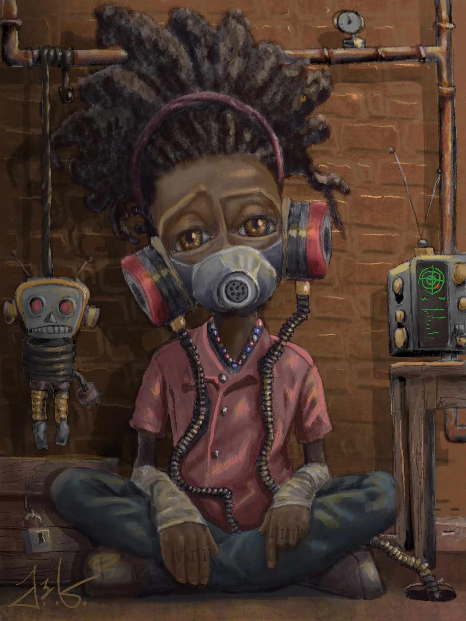 Painting of a young man with dreadlocks wearing a mask, sitting cross-legged on the floor, with robotic arms and devices around him, and a brick wall in the background.