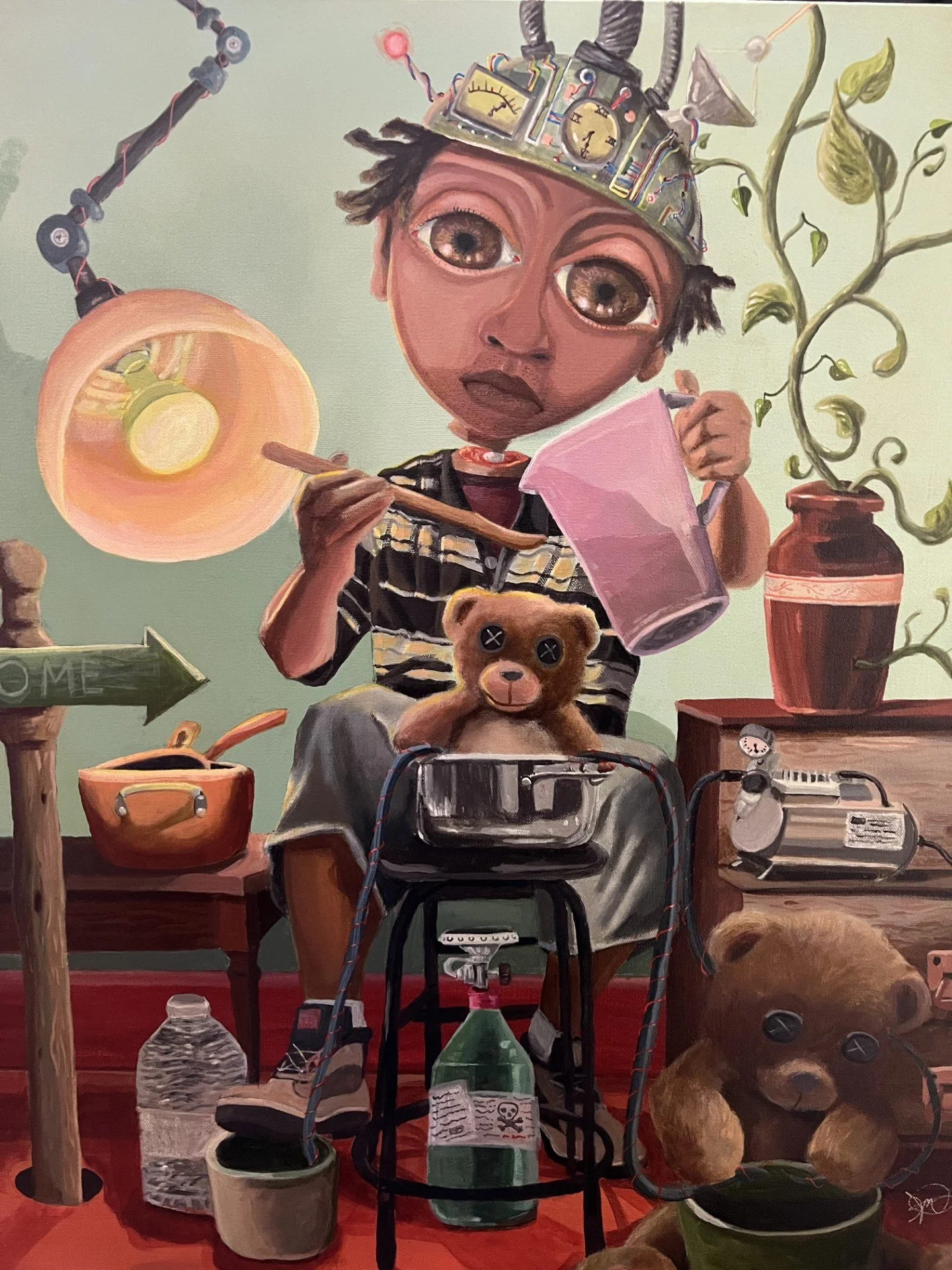 A vibrant, surreal painting of a child with large, expressive eyes, wearing a mechanical hat with gauges and wires, holding a pink mug. The scene is filled with various objects like a teddy bear, a water bottle, a record player, and a small plant, creating a whimsical and imaginative atmosphere.