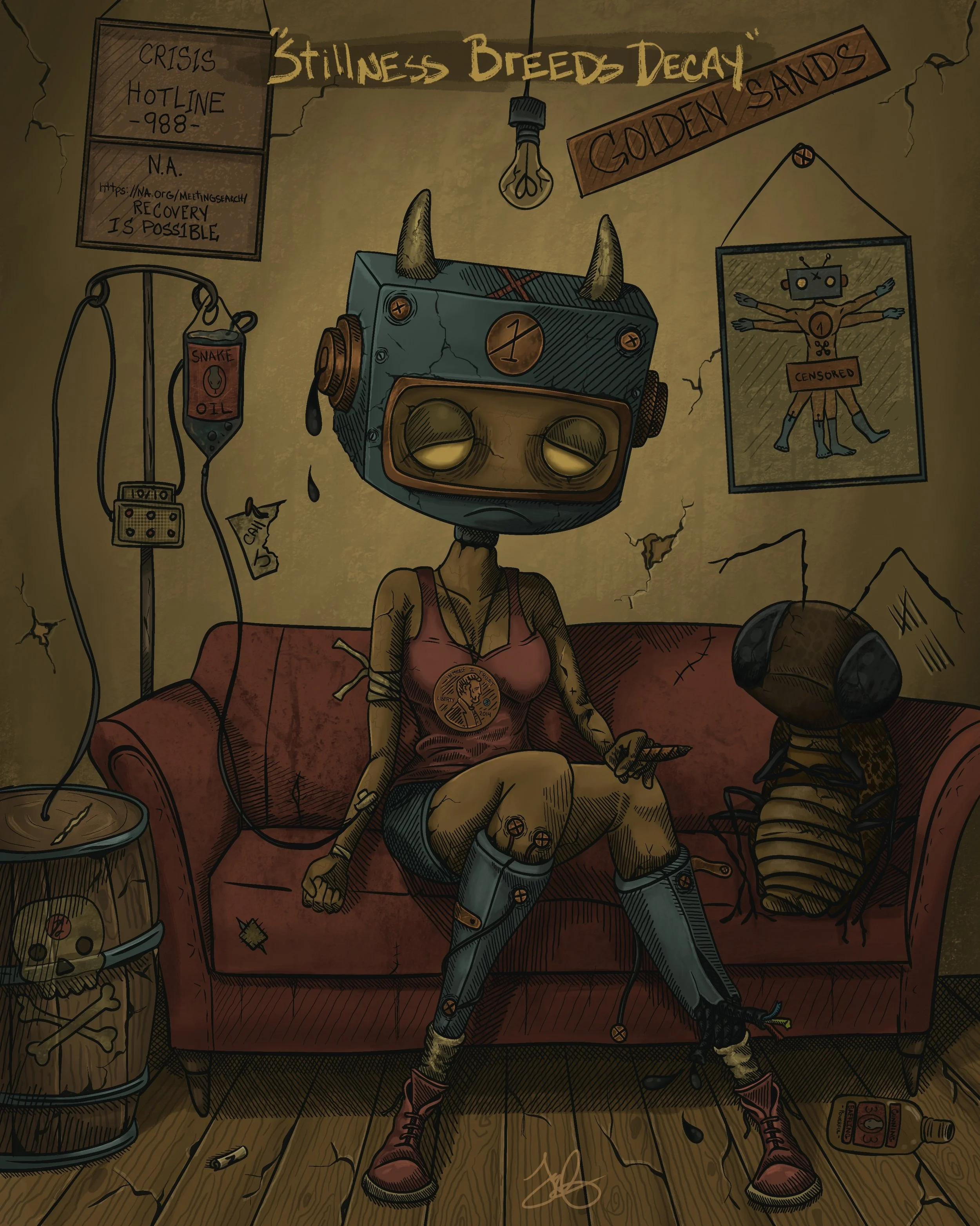 A cartoon illustration of a person with a robot head, horns, wearing a pink tank top, ripped jeans, sitting on a red couch in a room with cracked yellow walls. The room has a sign reading 'Stilness Breeds Decay,' a framed picture of a human figure with a robot head and a 'Censored' sign, a wooden table with cans, a can of snake oil, a bottle labeled '03,' and an IV drip labeled 'Snake Oil.' A hanging light bulb and various scattered objects are present.