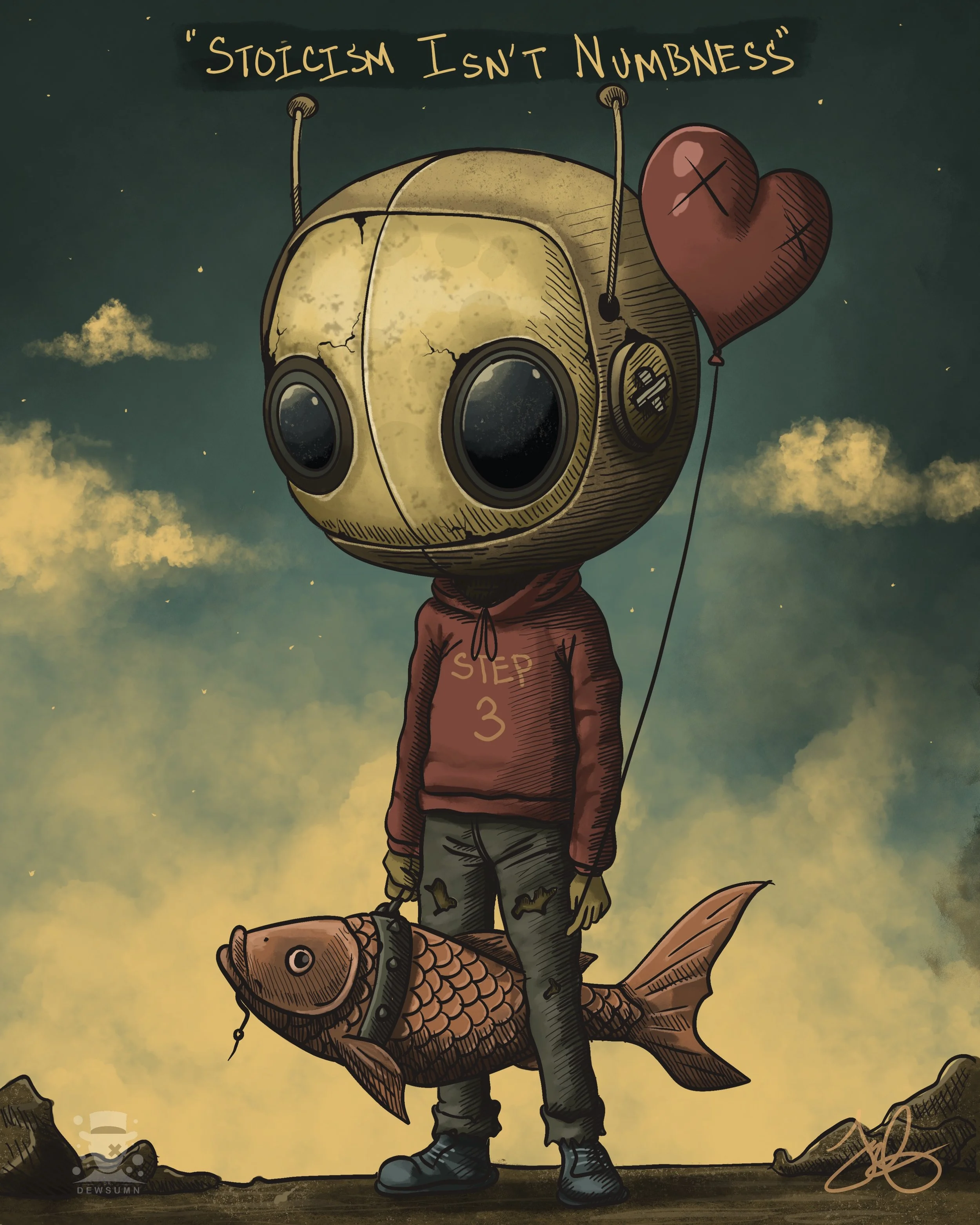 A person with a mask of a cracked robot face, wearing a hoodie with 'STEP 3' written on it, standing on a walking fish, with a sky background and a sign that reads 'Stoicism isn't numbness'
