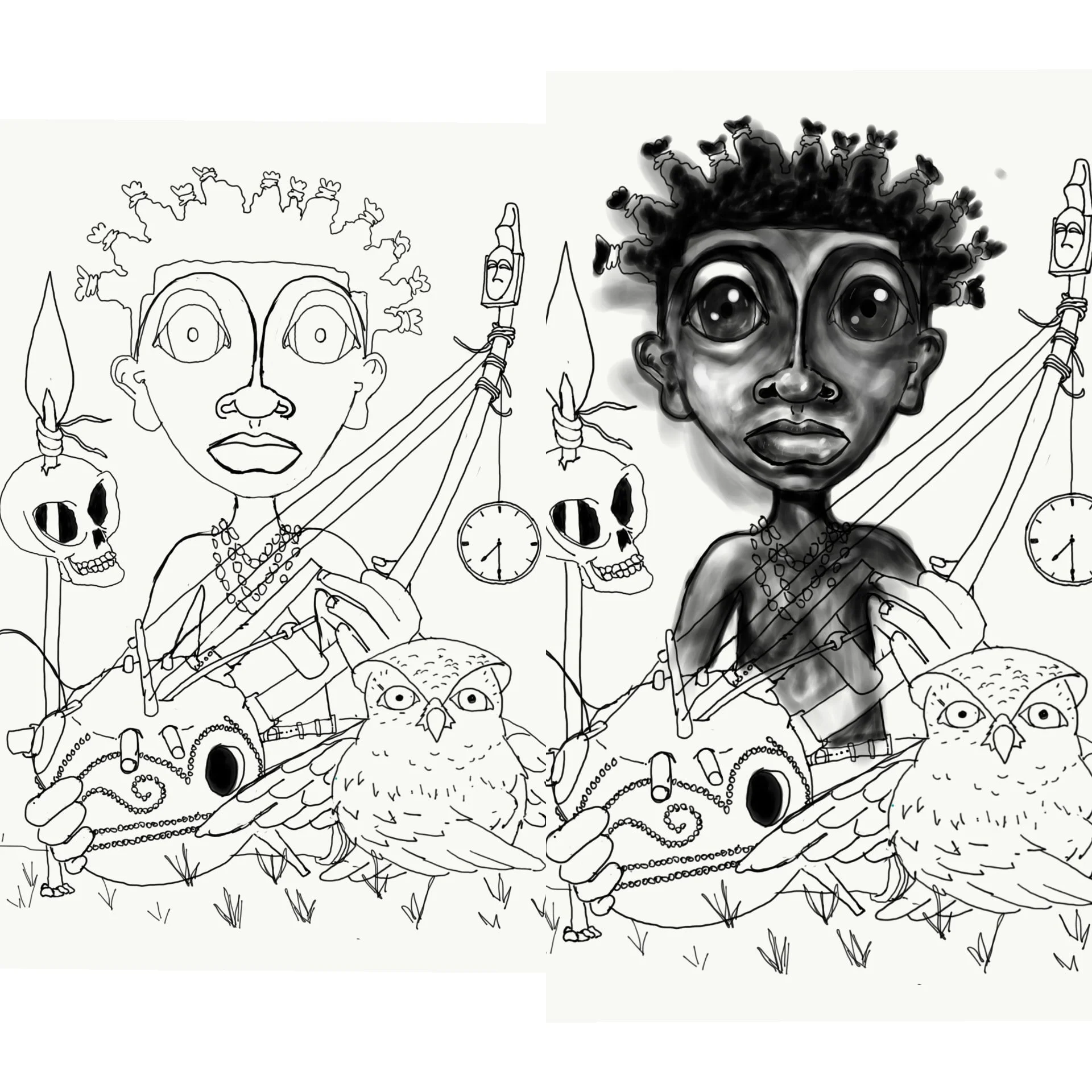 Black and white line drawing of a group of mythical and surreal figures including a person with large eyes, a bird, skulls, and a person with curly hair, surrounded by various objects such as clocks and plants.