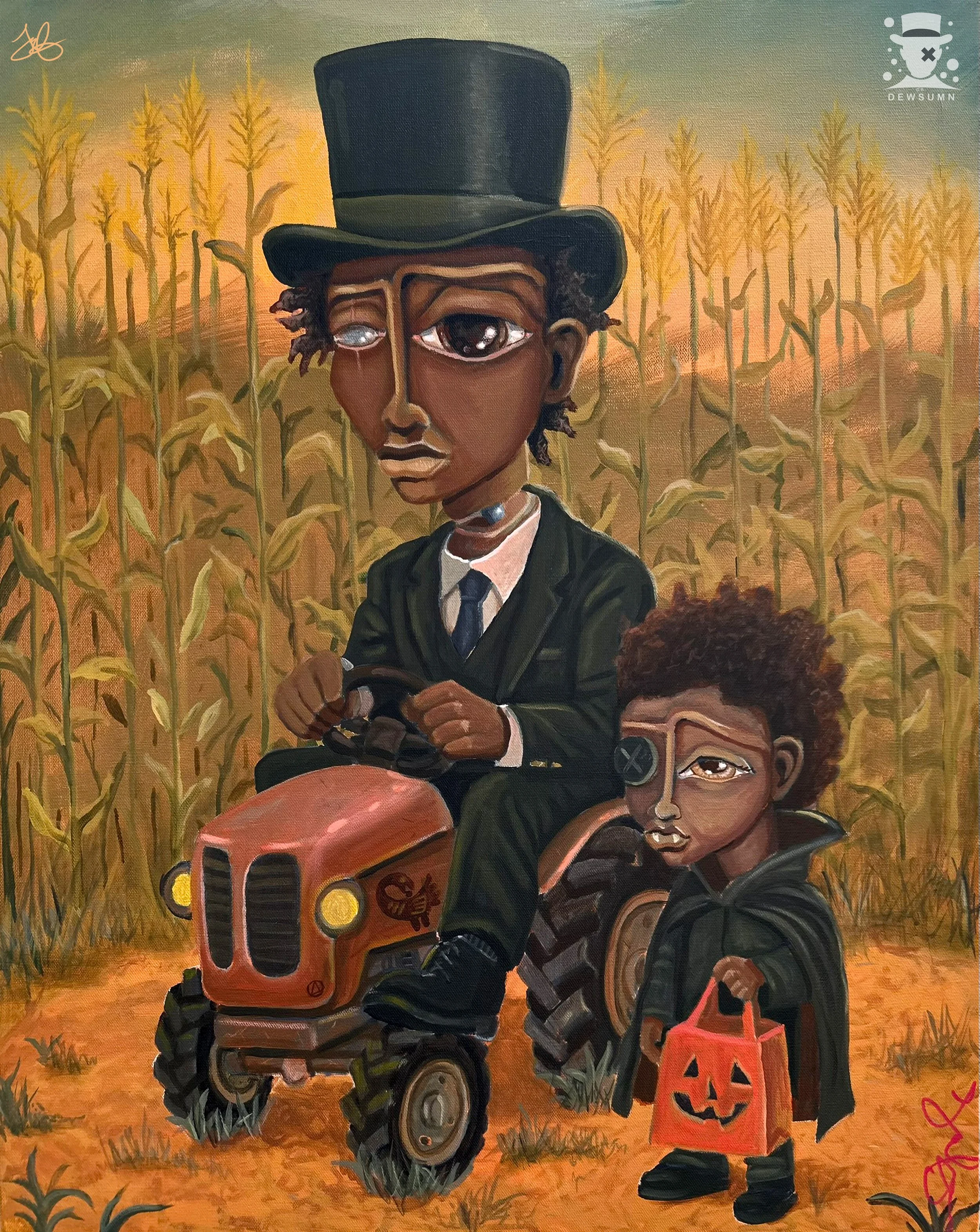 A painting of two young children in a cornfield at sunset, dressed in Halloween costumes. The boy on the left wears a suit and tie with a tall top hat, and has an expressionless face with one large human eye and one smaller, bug-like eye. He is holding a toy chainsaw and a pumpkin-shaped candy bucket. The girl on the right has a serious expression, wears glasses, and holds a small paper bag with a carved pumpkin face on it. The background features tall, yellowed corn stalks and a warm sky.