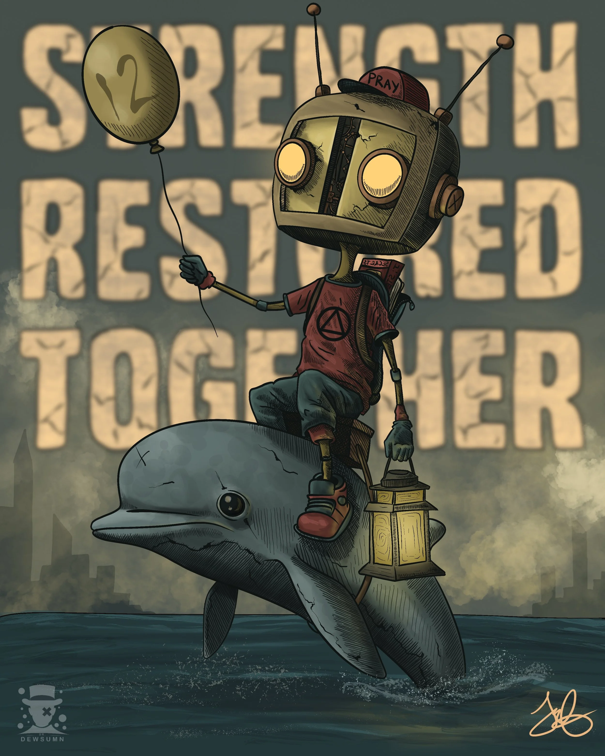 A cartoon-style character with a television for a head, wearing a red shirt with a peace symbol, grey pants, and red shoes, standing on a whale's head in water, holding a lantern in one hand and a balloon in the other. The background features blurred text reading 'SERVICE', 'RESERVED', 'TOC'.