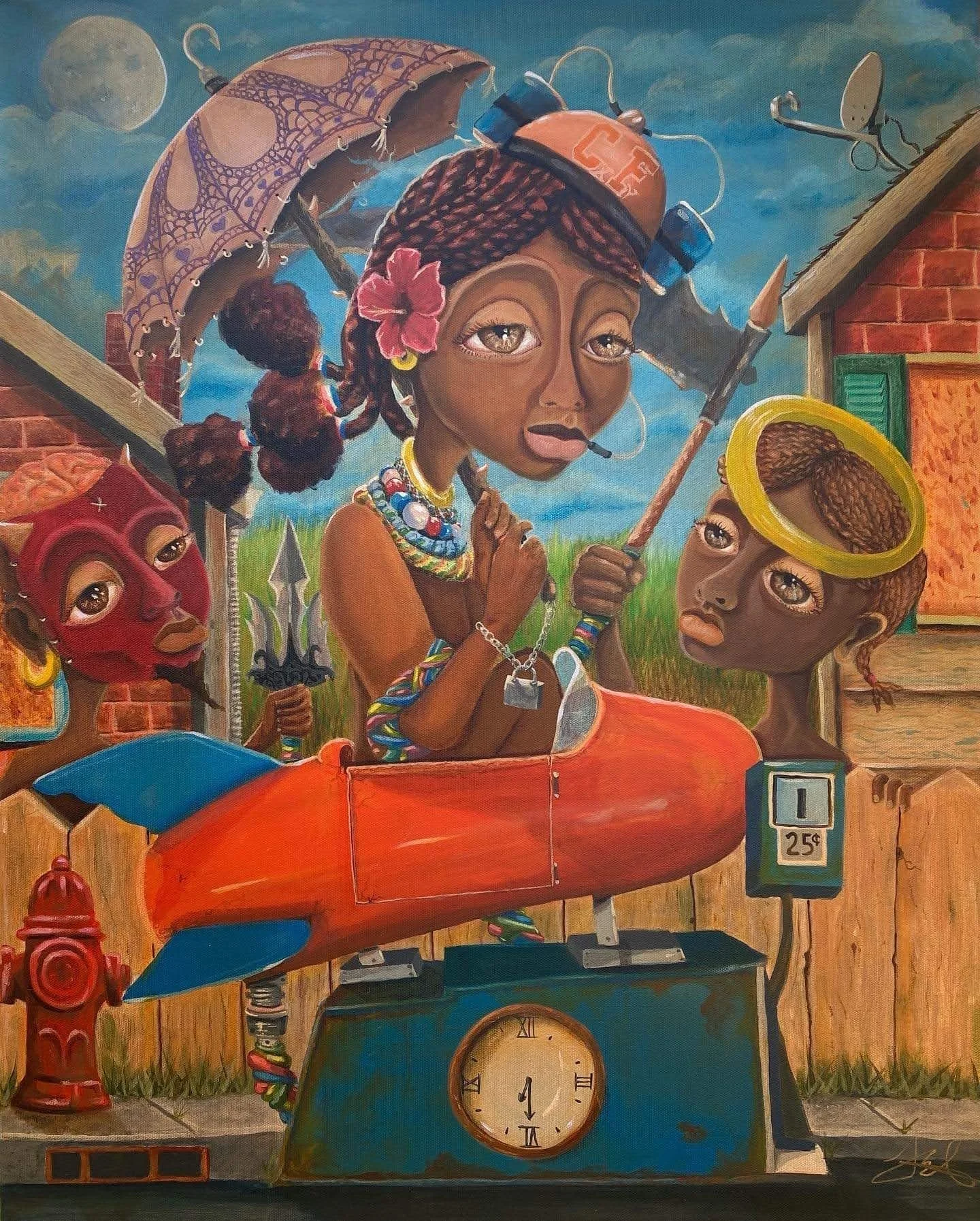 A colorful painting of three characters with exaggerated facial features in a surreal scene. The main character has dreadlocks, a flower in her hair, and wears jewelry, holding a syringe. There is a character with a red mask and yellow earrings, and another with a yellow halo and braided hair. The background shows a blue sky with a moon and a house with a brick wall and green window. A blue clock with Roman numerals is part of the scene.