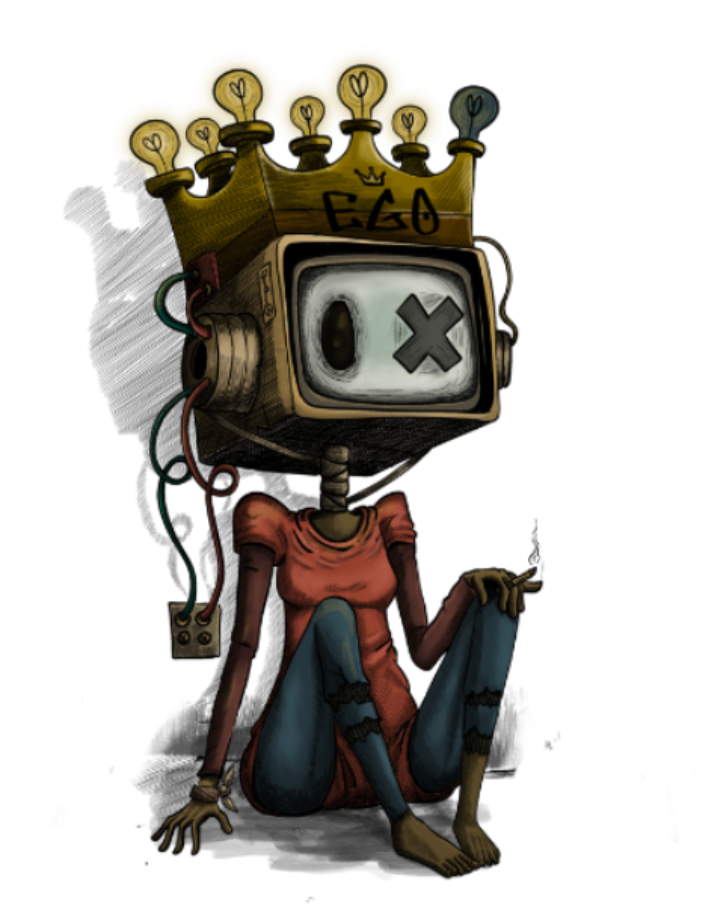 Cartoon illustration of a humanoid rat with a TV head, sitting in a relaxed pose with one leg crossed over the other, wearing a pink shirt, blue pants, and yellow gloves, against a black background.