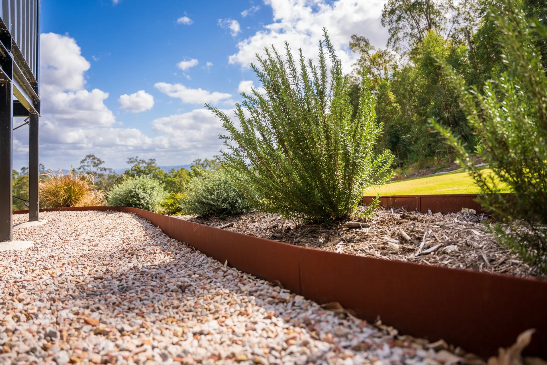 A sunny backyard garden with a gravel pathway, a rosemary bush, and a lush green lawn surrounded by trees.