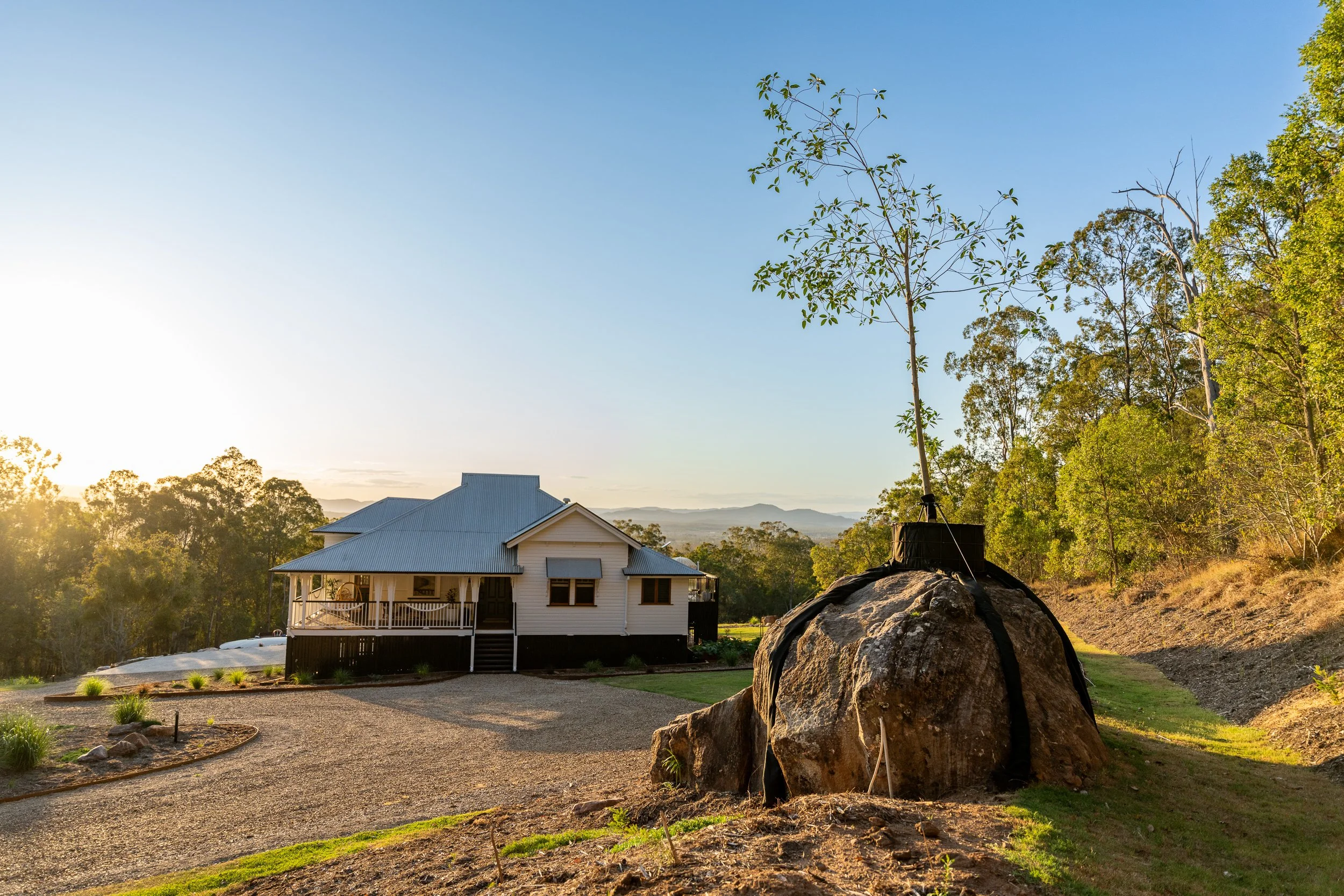 The image shows a house on stilts with a balcony, surrounded by trees and a dirt driveway. In the foreground, there is a large rock with a young tree planted in a bucket. The background features rolling hills and a clear blue sky at sunset.