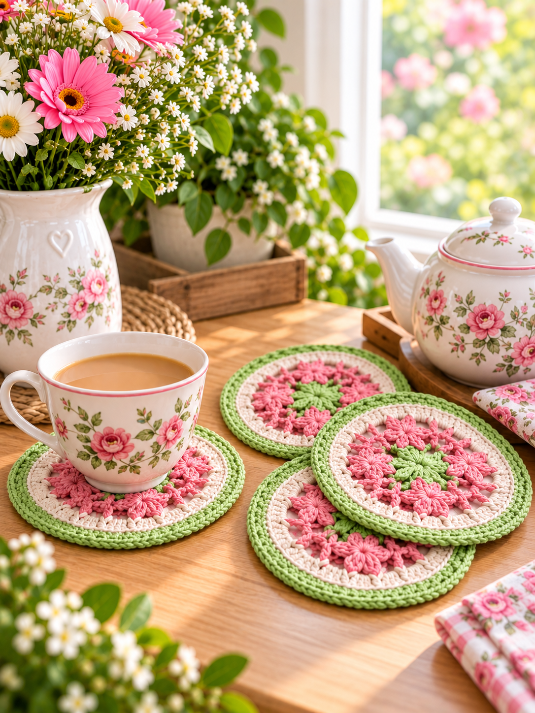 Playful Garden Coasters US Terms free crochet pattern